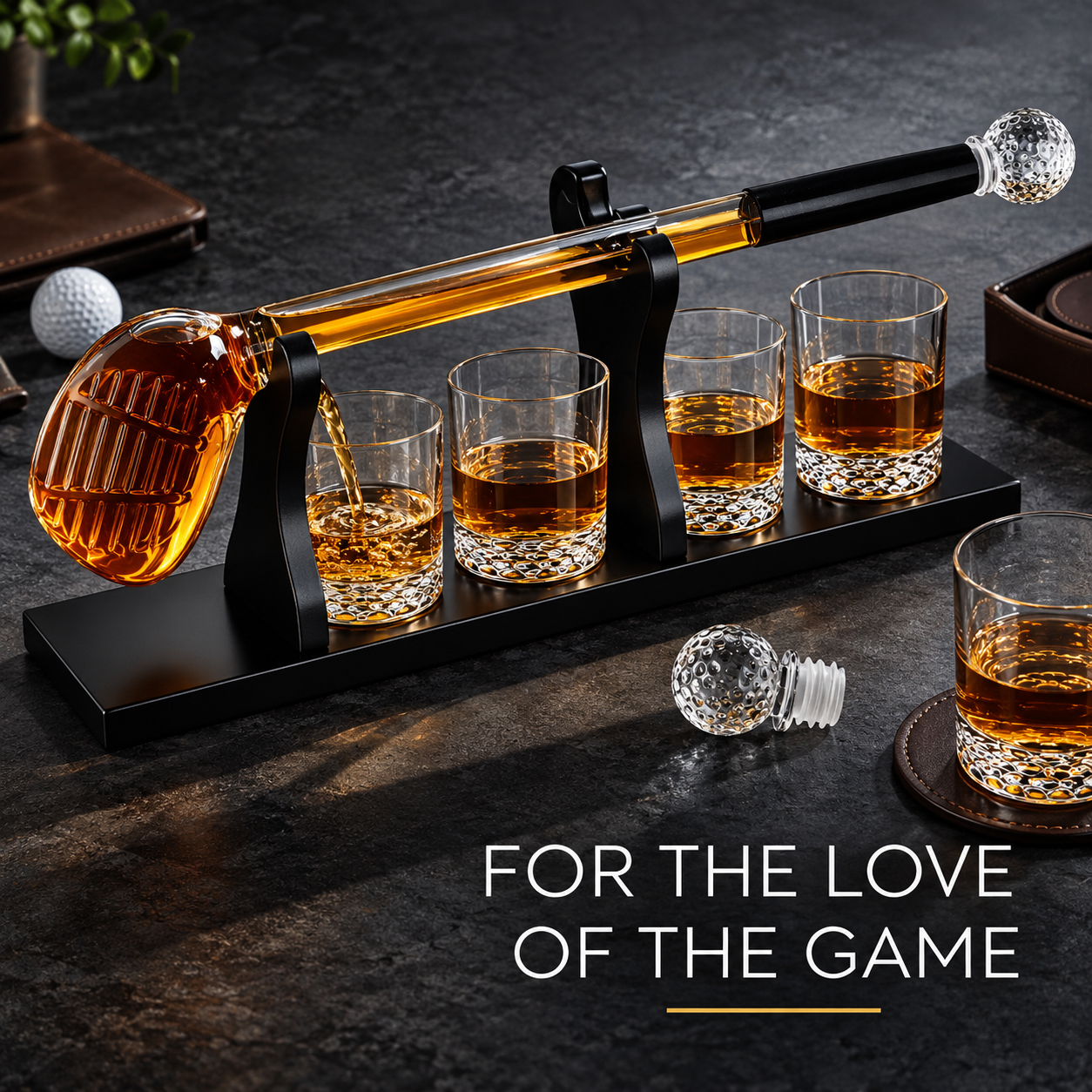 Golf club-shaped whiskey decanter with crystal golf ball stopper, four rocks glasses, and black stand holding amber spirits on dark surface.