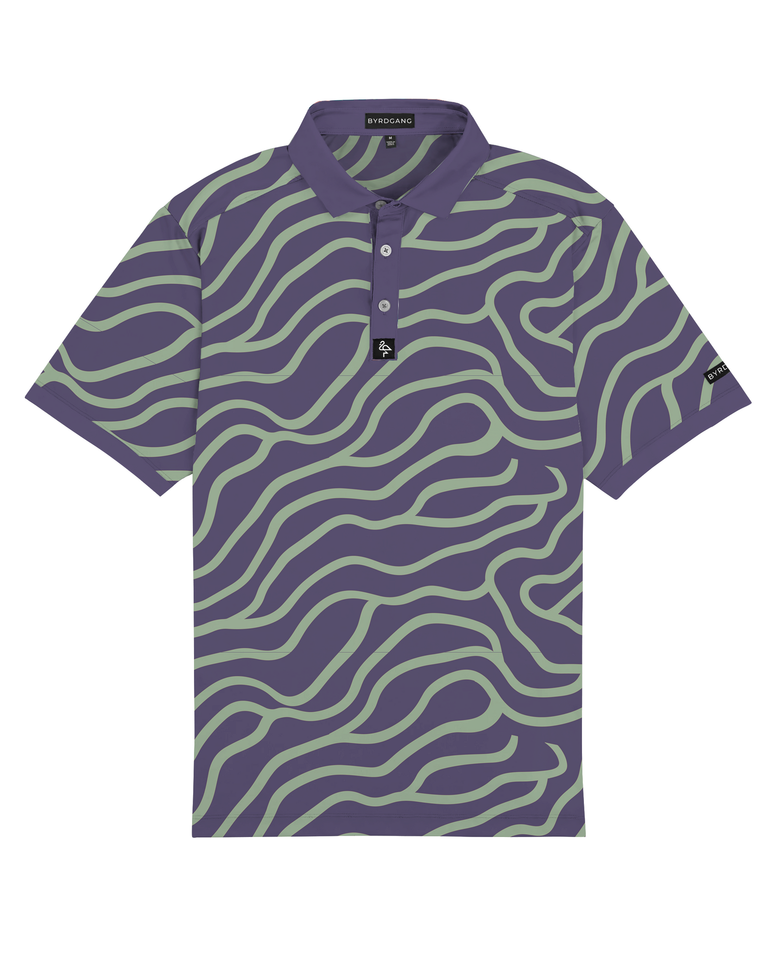 Men’s mint green and chocolate swirl pattern polo – bold, breathable, stretch-performance shirt.