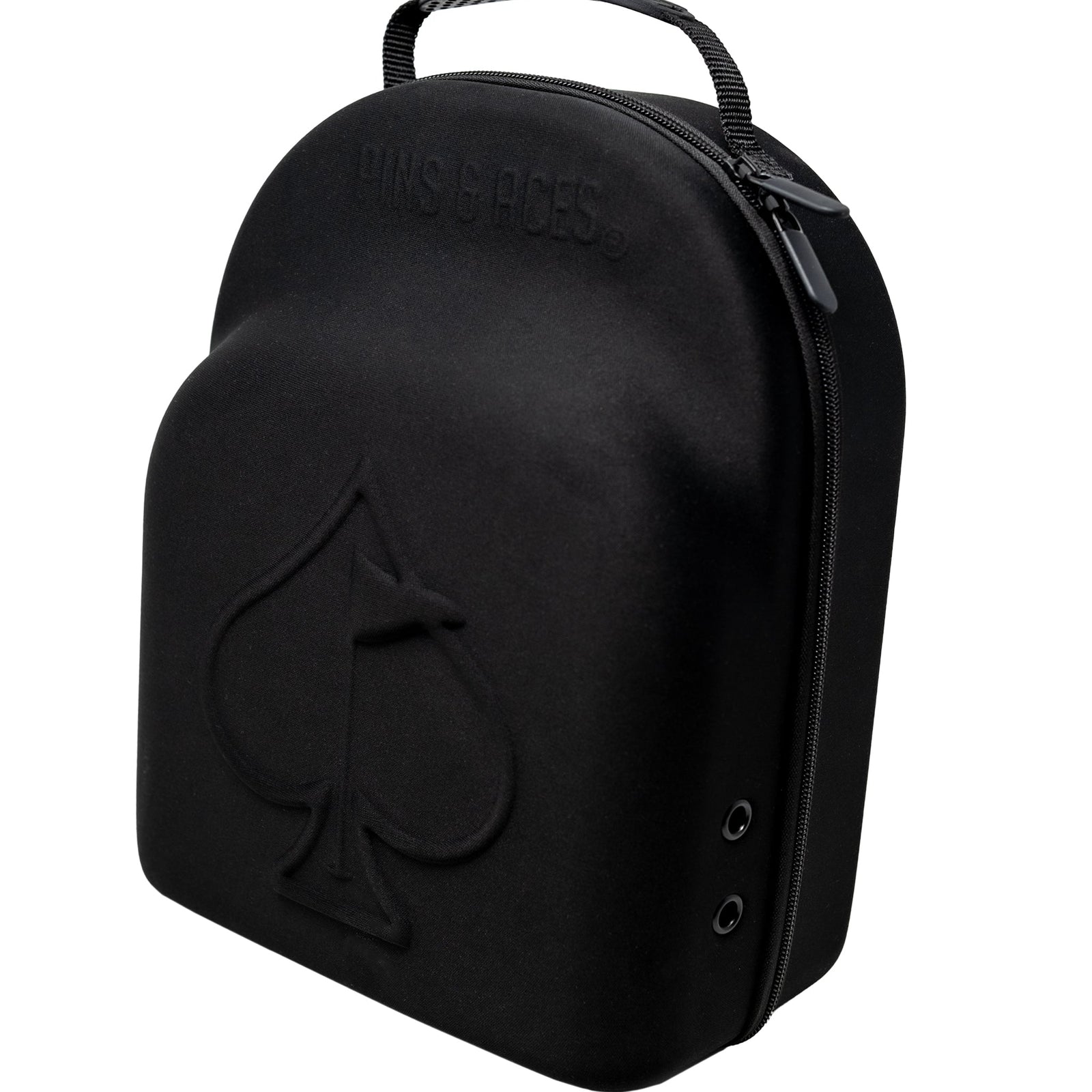 Black golf hat travel case with hard shell and ventilation