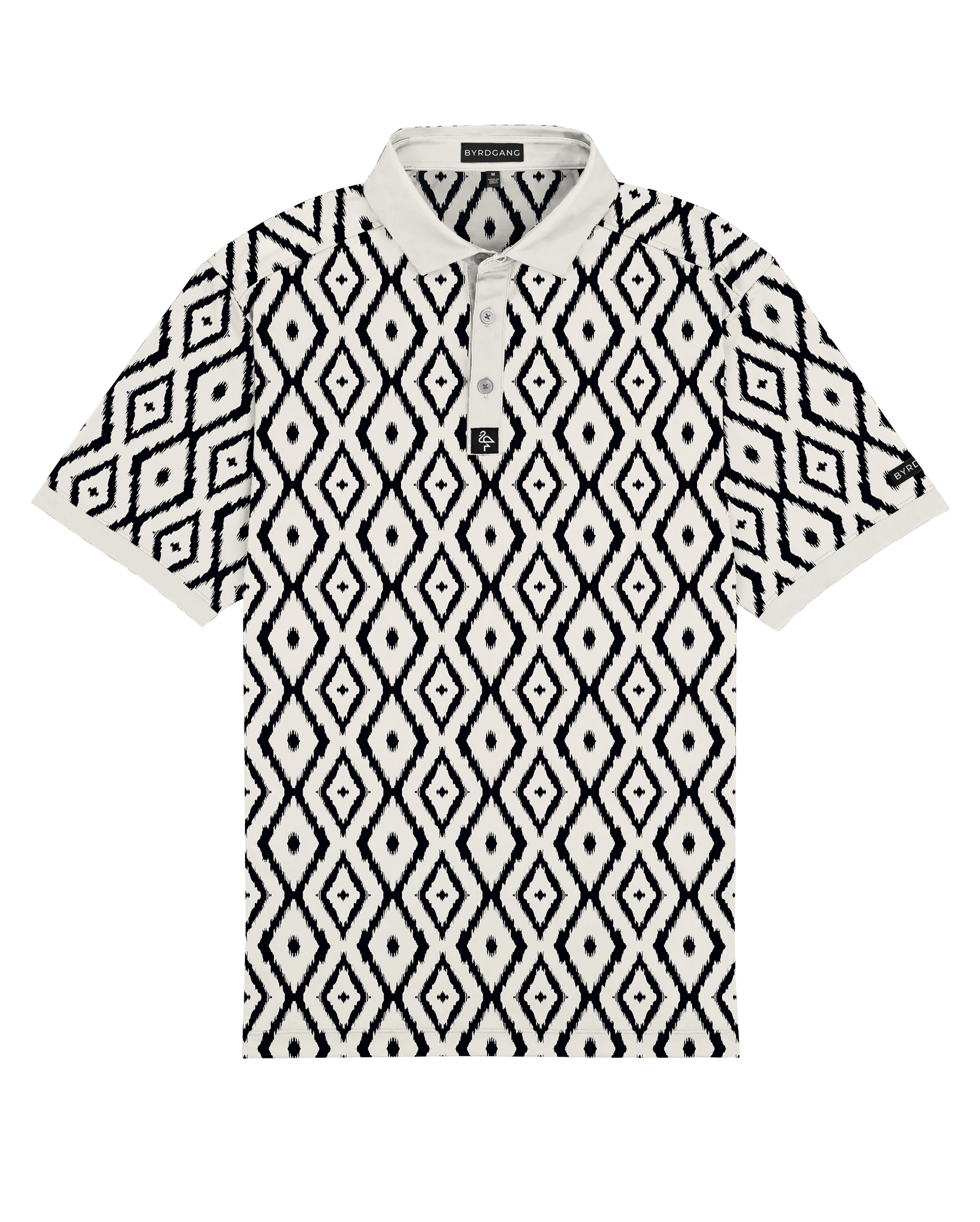 Men’s polo with blue neutral ikat geometric print – cultured, breathable, stretch-performance ready.