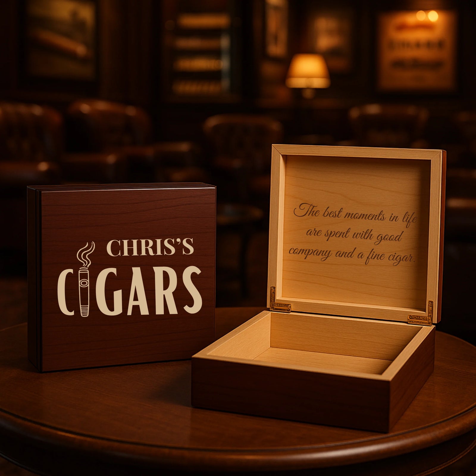 Engraved wooden cigar box with custom name and personalized message, cedar-lined interior