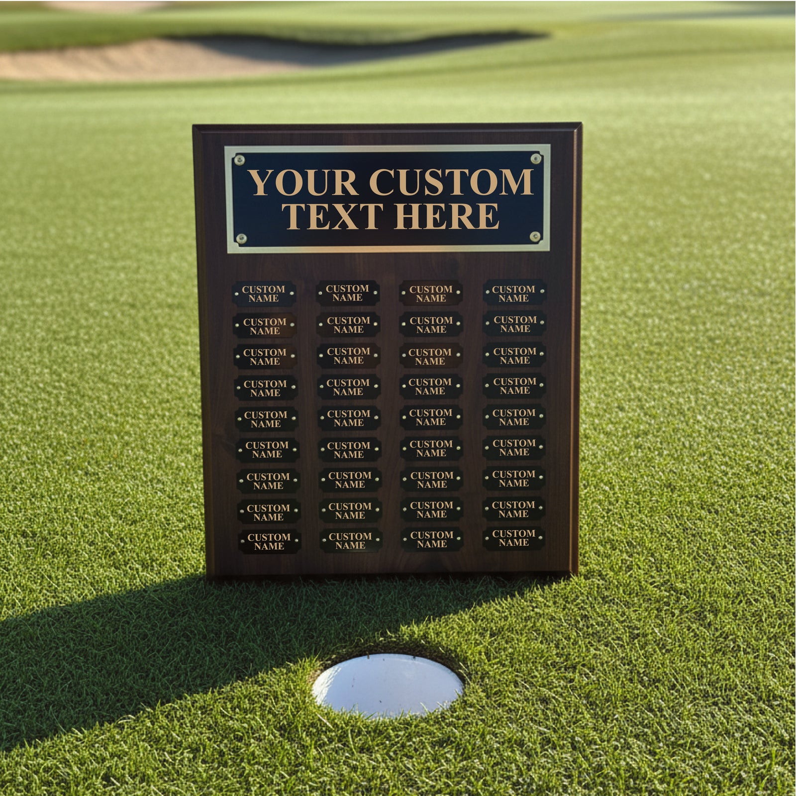 Dark wood plaque with engraved gold header plate and multiple rows of engraved sample name placeholders displayed on a golf course green next to a hole.
