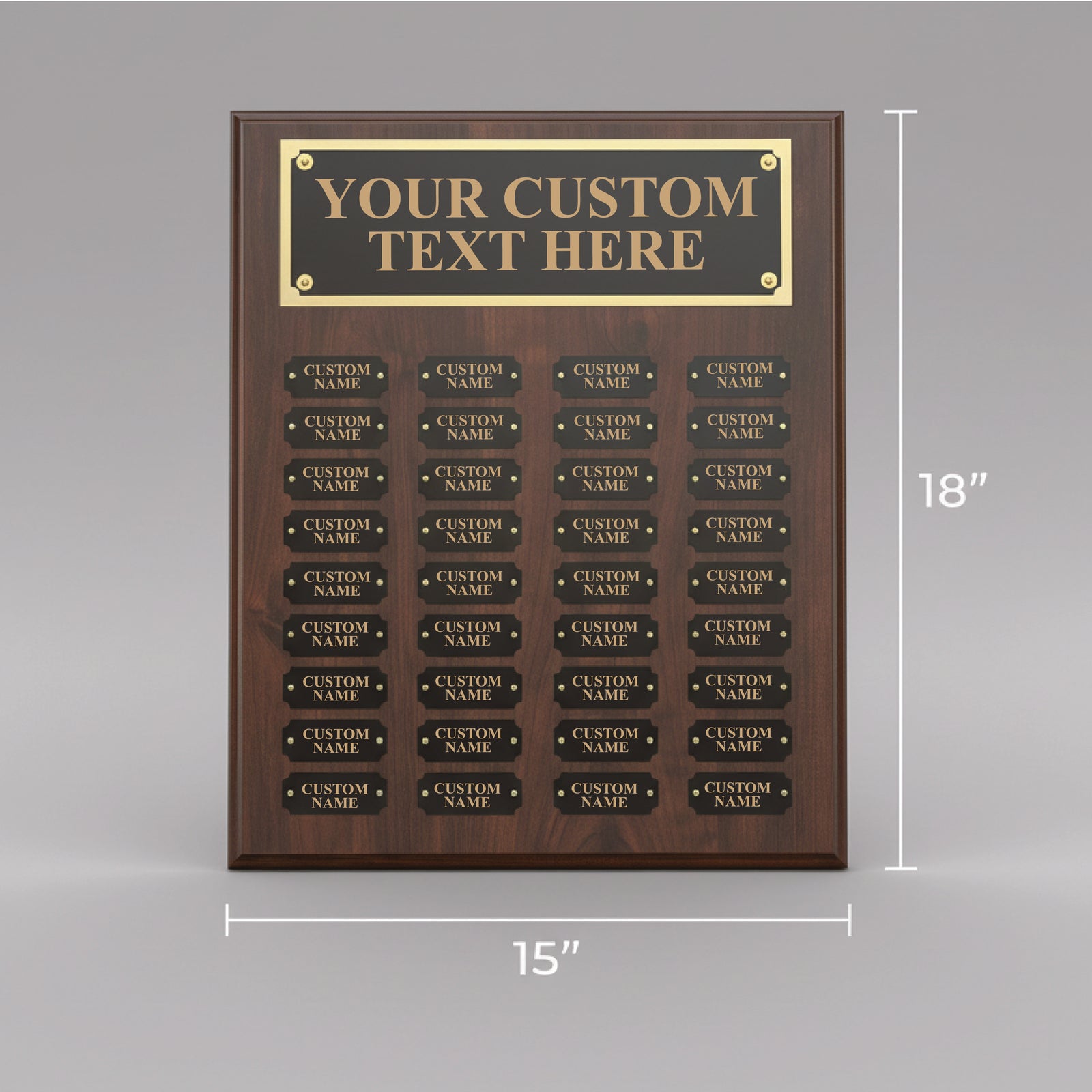 Dark wood perpetual plaque with brass header plate and 36 black name plates arranged in rows, measuring 15 inches wide by 18 inches tall, showing customization layout for multiple winners