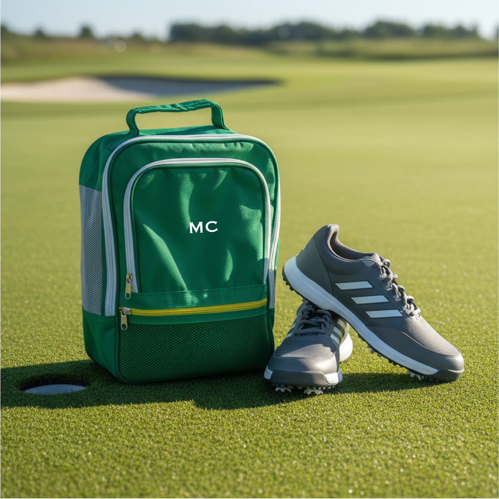 Green golf shoe bag with sample initials "MC" embroidered on front, displayed on course grass next to golf shoes