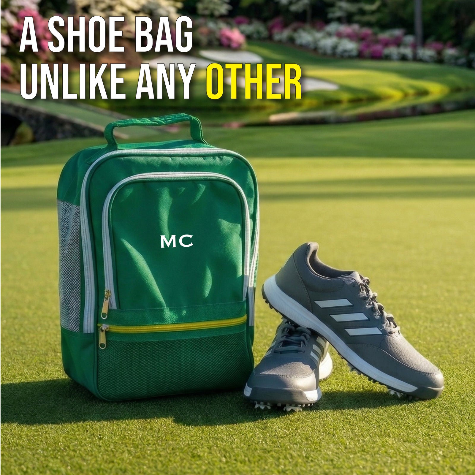 Green golf shoe bag with sample initials "MC" embroidered on front, displayed on grass next to black and white golf shoes