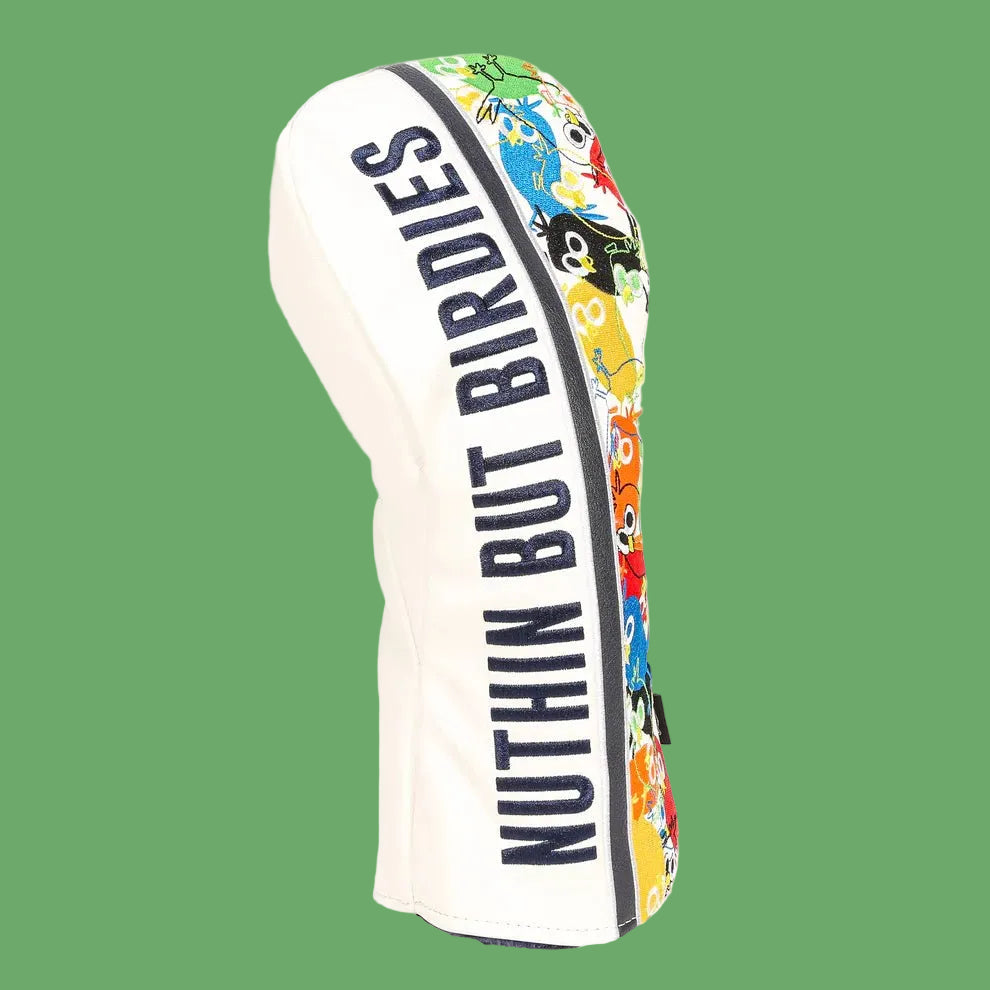 Driver head cover with white body and colorful bird illustrations on one side, navy text reading "NUTHIN BUT BIRDIES" running vertically along the white panel.