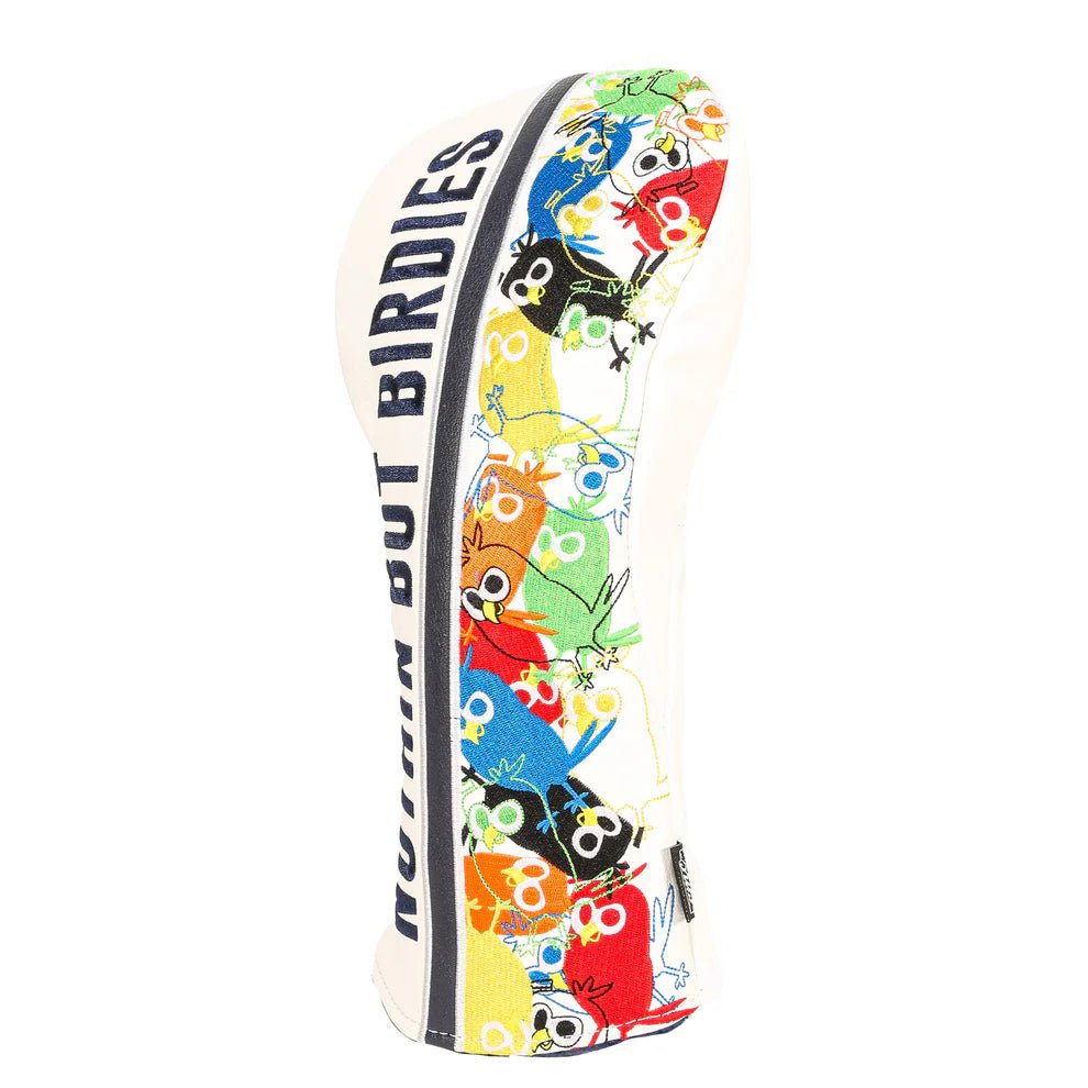 Driver head cover with colorful bird illustrations in red, blue, yellow, and green, featuring "Nuthin But Birdies" text along the side stripe