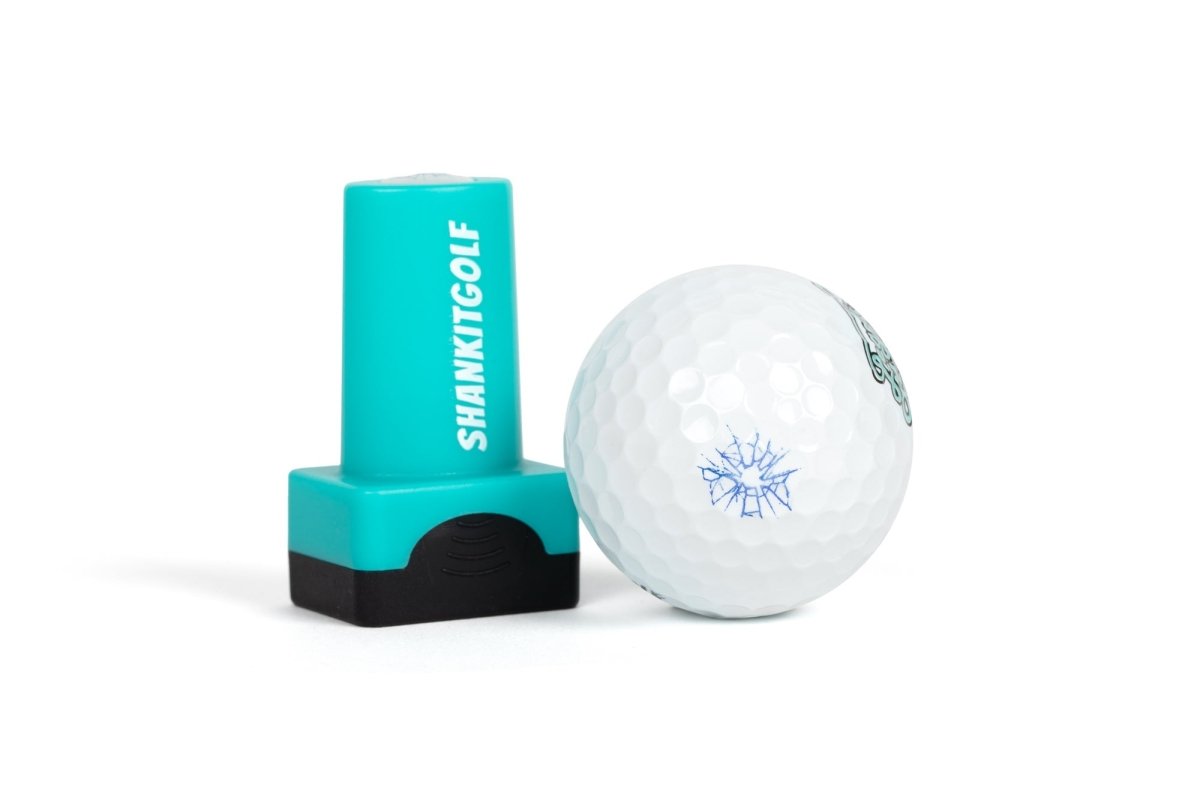 Turquoise and black ball stamper with white text reading "SHANKITGOLF" next to white golf ball imprinted with blue sunburst design