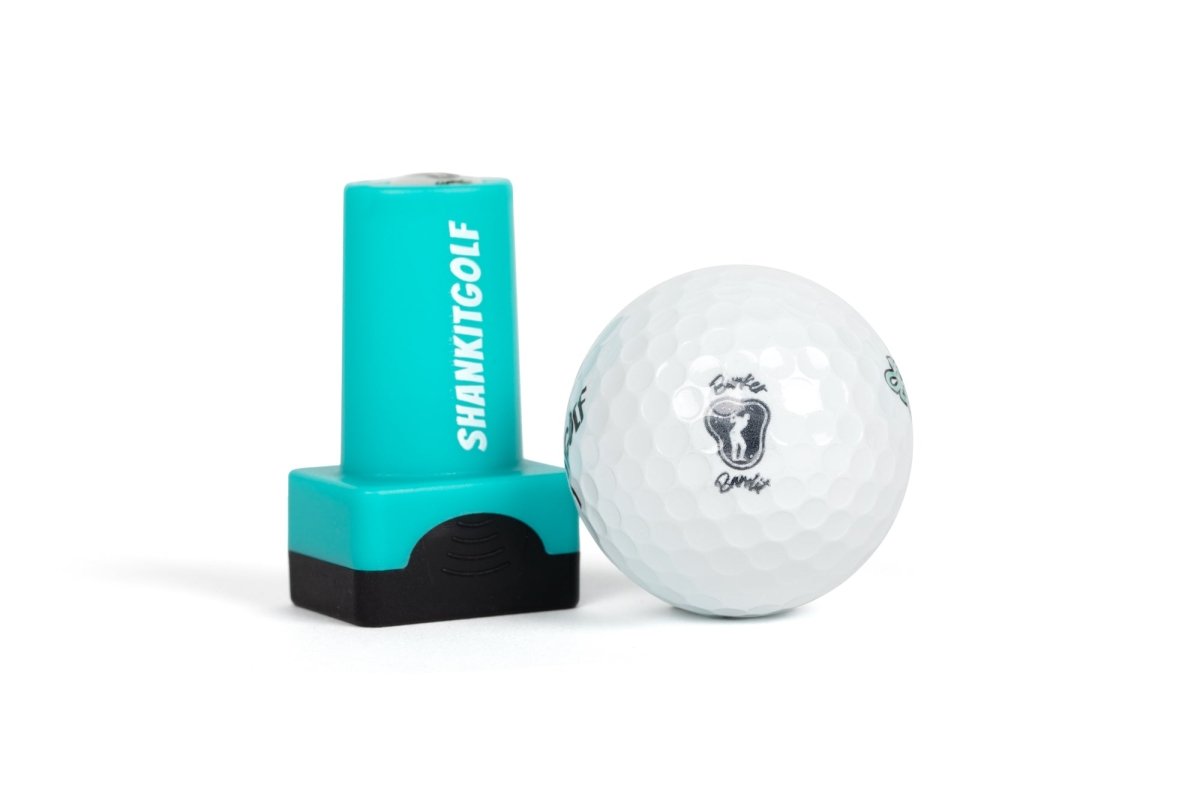 Turquoise and black ball stamper with white golf ball showing sample stamped design of golfer logo and text
