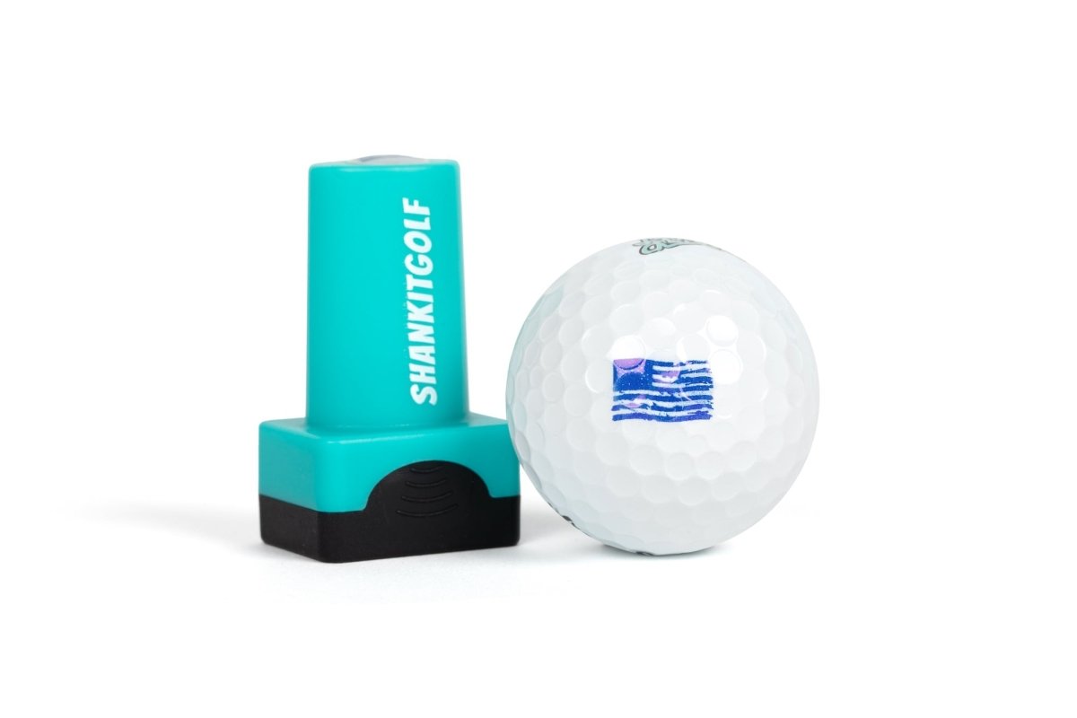 Turquoise ball stamp with black base imprinted "SHANKITGOLF" next to white golf ball stamped with blue wavy flag design