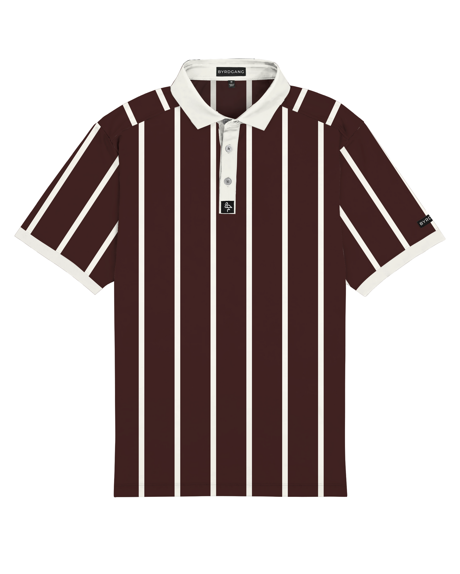 Men’s red and cream vertical stripe polo with crisp collar — varsity-inspired style with stretch, sun protection, and wrinkle resistance.