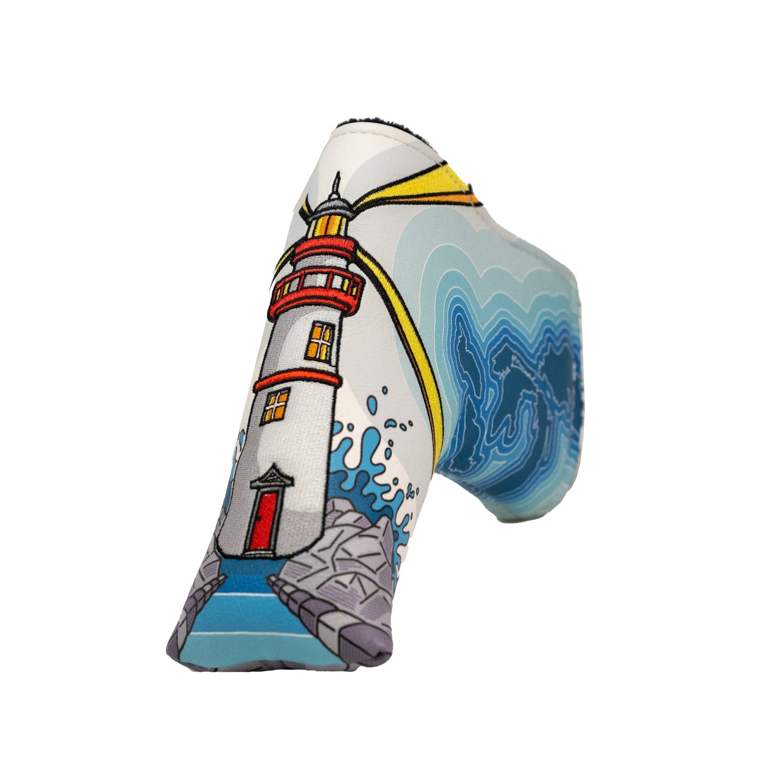 Nautical lighthouse-themed golf putter cover with embroidered ocean scene