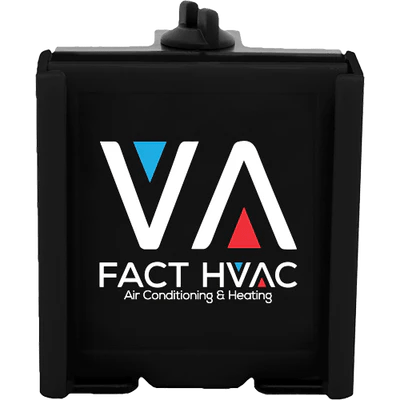 Black phone caddy with custom logo featuring blue and red triangles and white text reading "VA FACT HVAC Air Conditioning & Heating