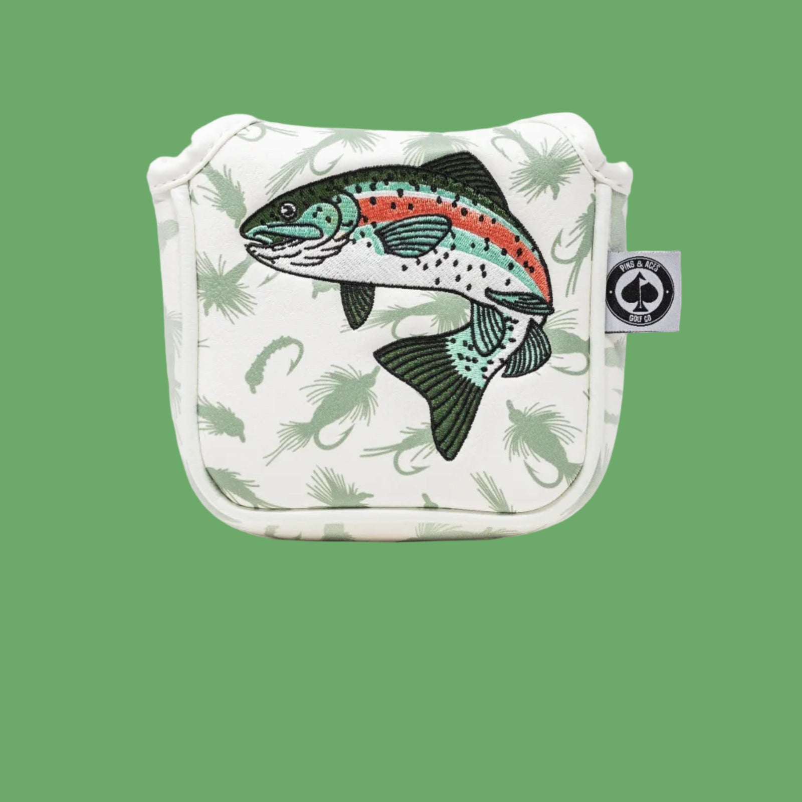 Embroidered rainbow trout mallet putter headcover with fly fishing lure pattern