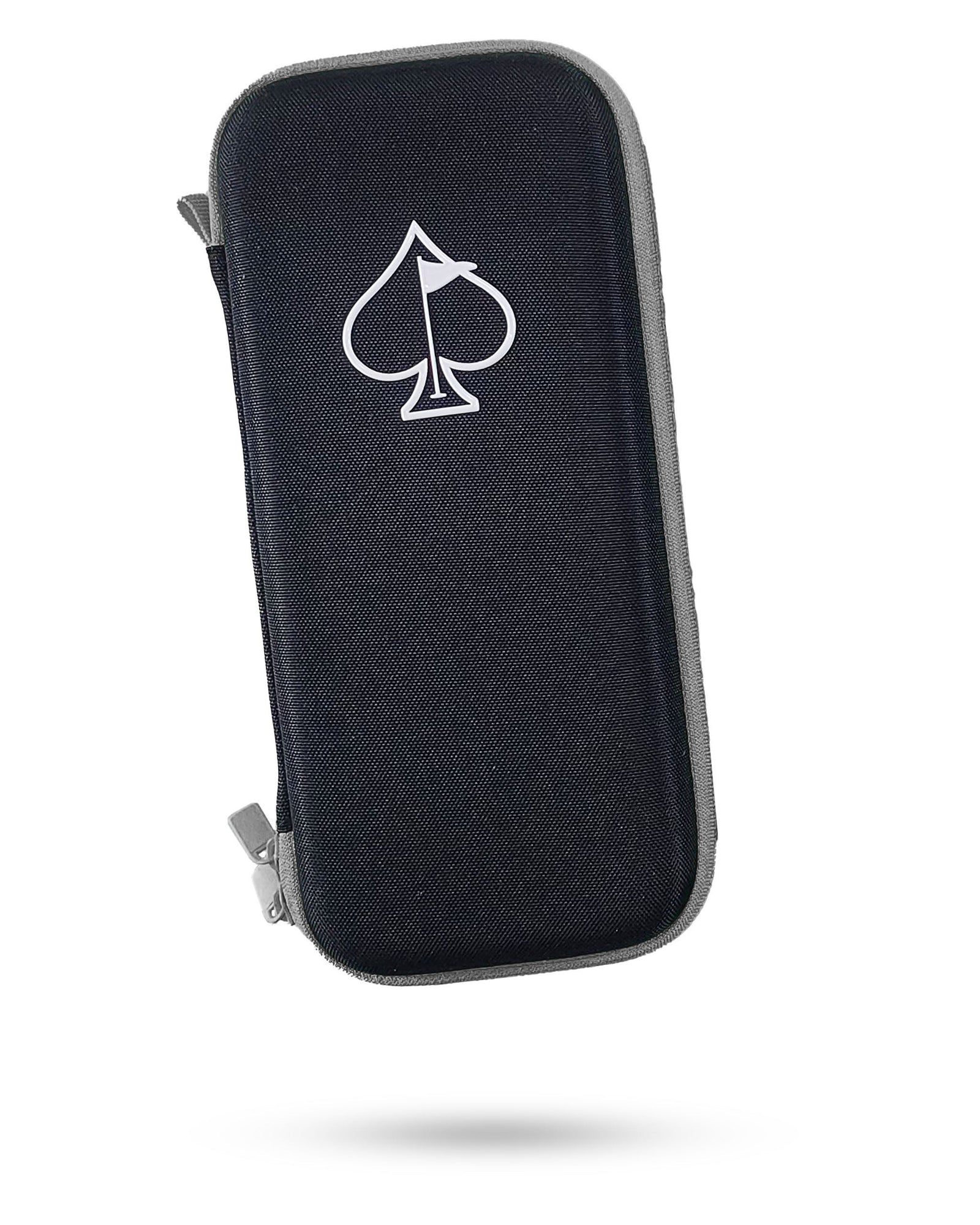 Black neoprene glove caddie with gray trim and white spade emblem on front face