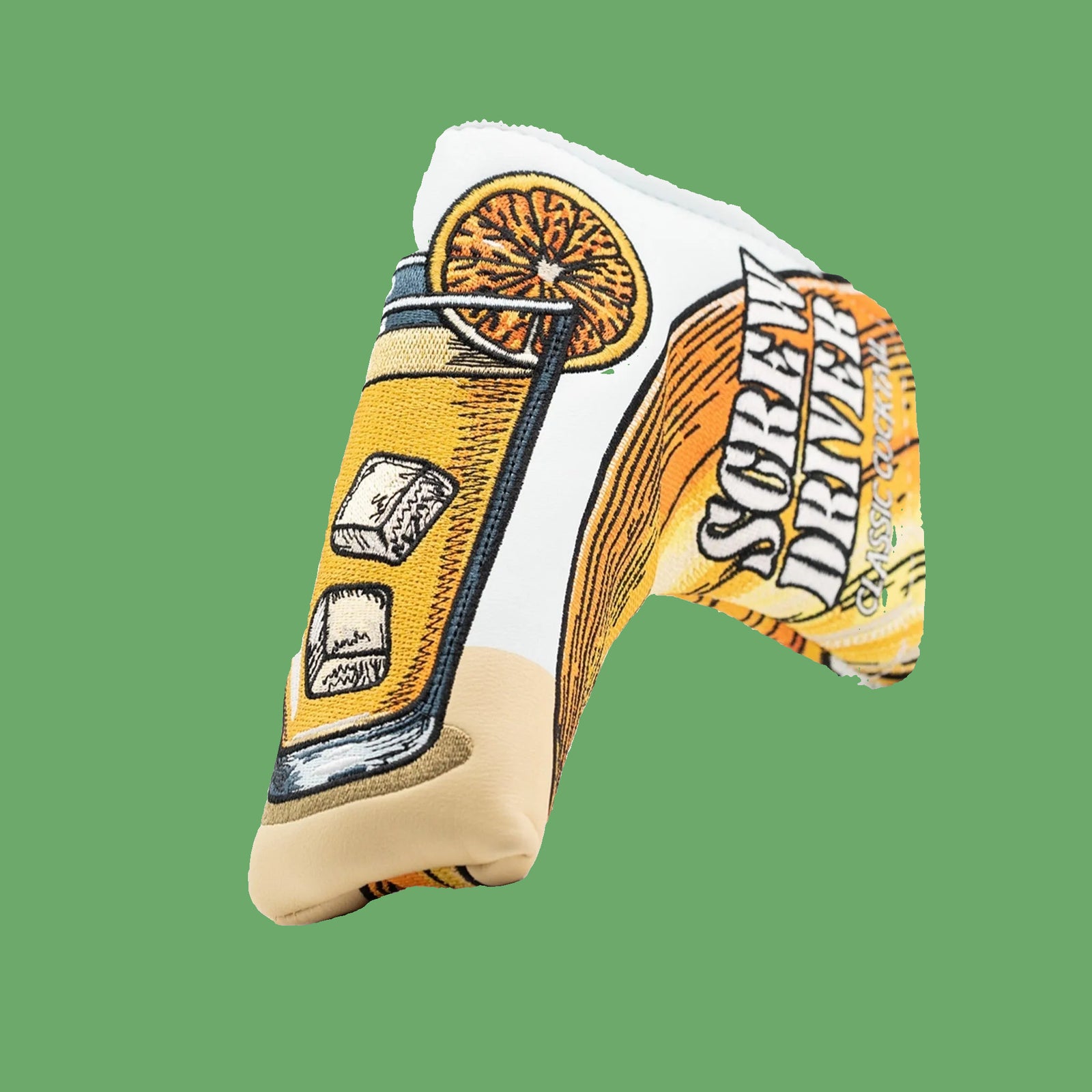 Golf putter cover with embroidered Screwdriver cocktail design and orange slice graphic