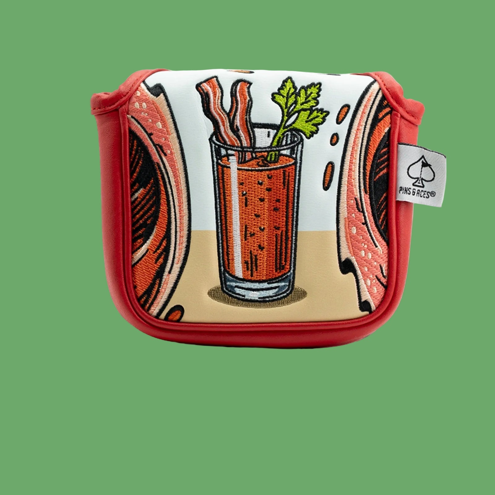 Golf mallet putter cover with embroidered Bloody Mary and bacon garnish design