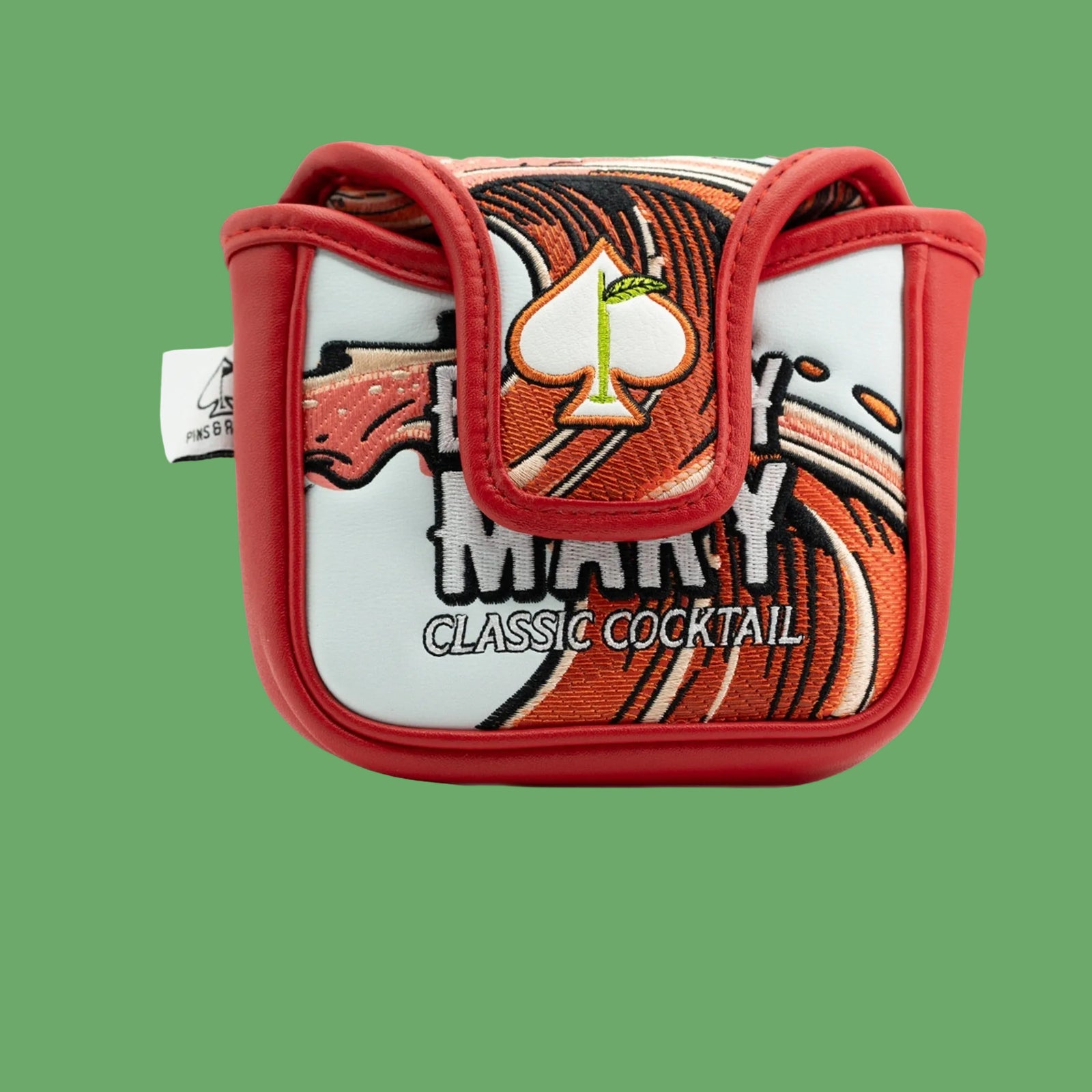 Red mallet putter headcover with embroidered Bloody Mary cocktail design featuring bacon strips, celery garnish, and spade symbol on front face