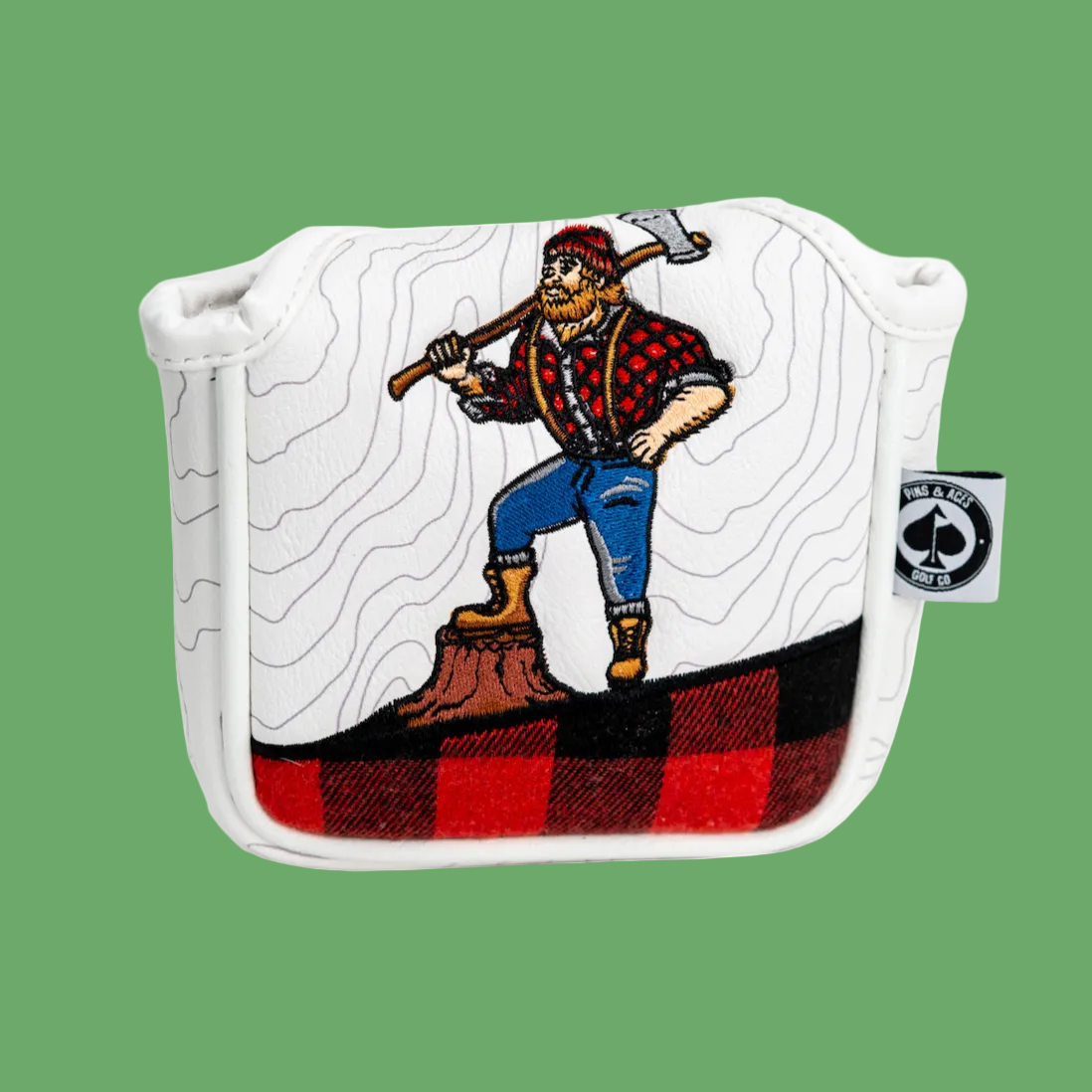 Golf mallet putter cover with embroidered lumberjack and red plaid design