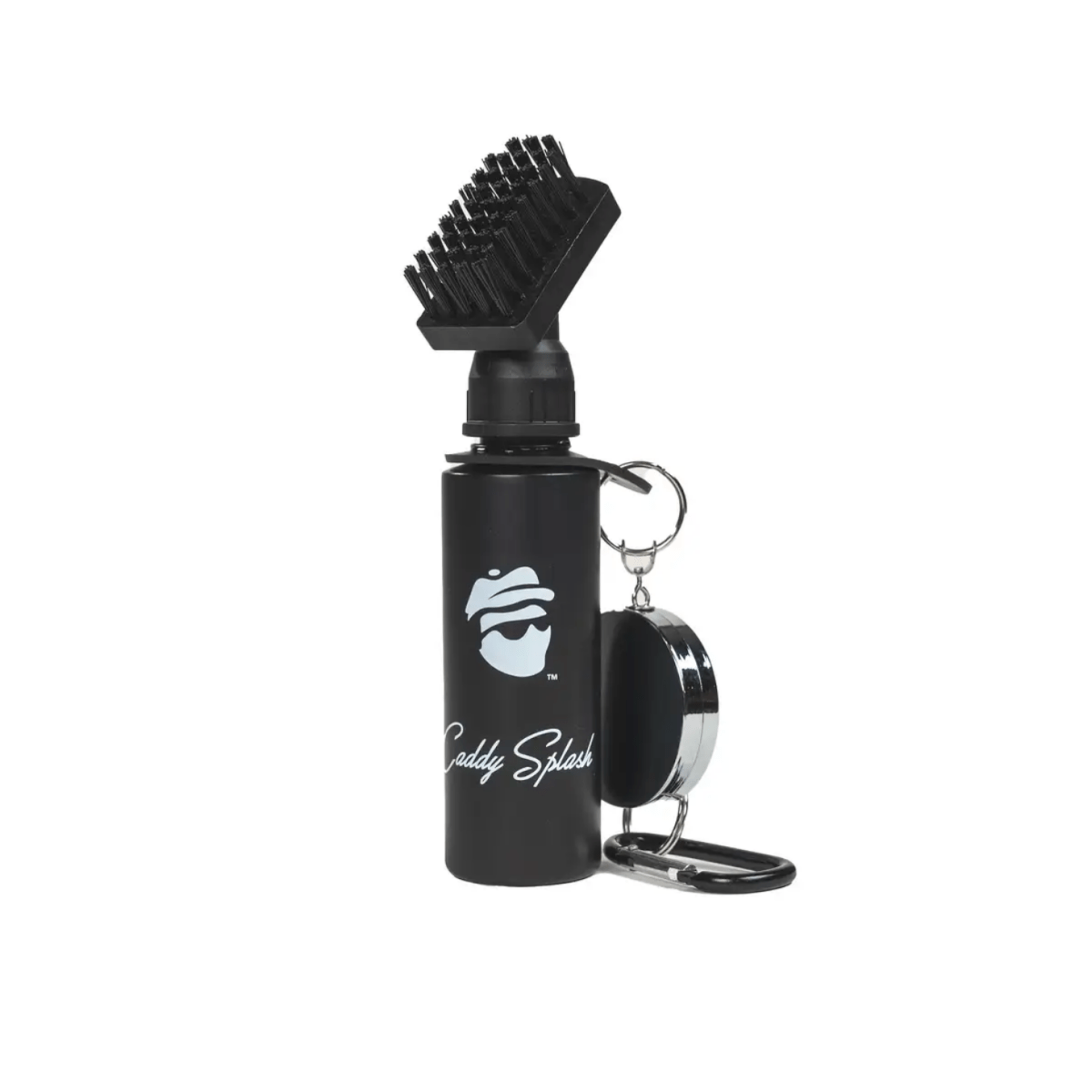 Black golf towel dispenser with brush head attachment, "Caddy Splash" branding, and keychain clip holder, front view