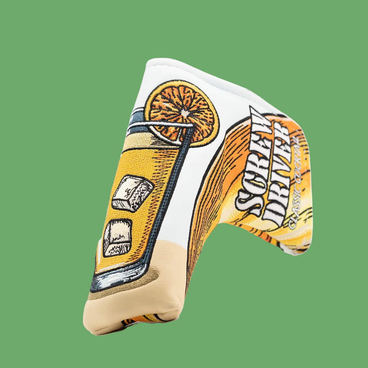 Screwdriver putter cover with embroidered cocktail design featuring orange slice and vodka bottle on cream and yellow synthetic leather