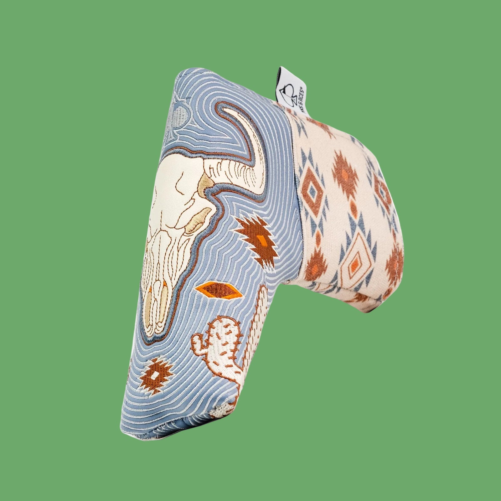 Southwestern-themed golf putter cover with bull skull and cactus design