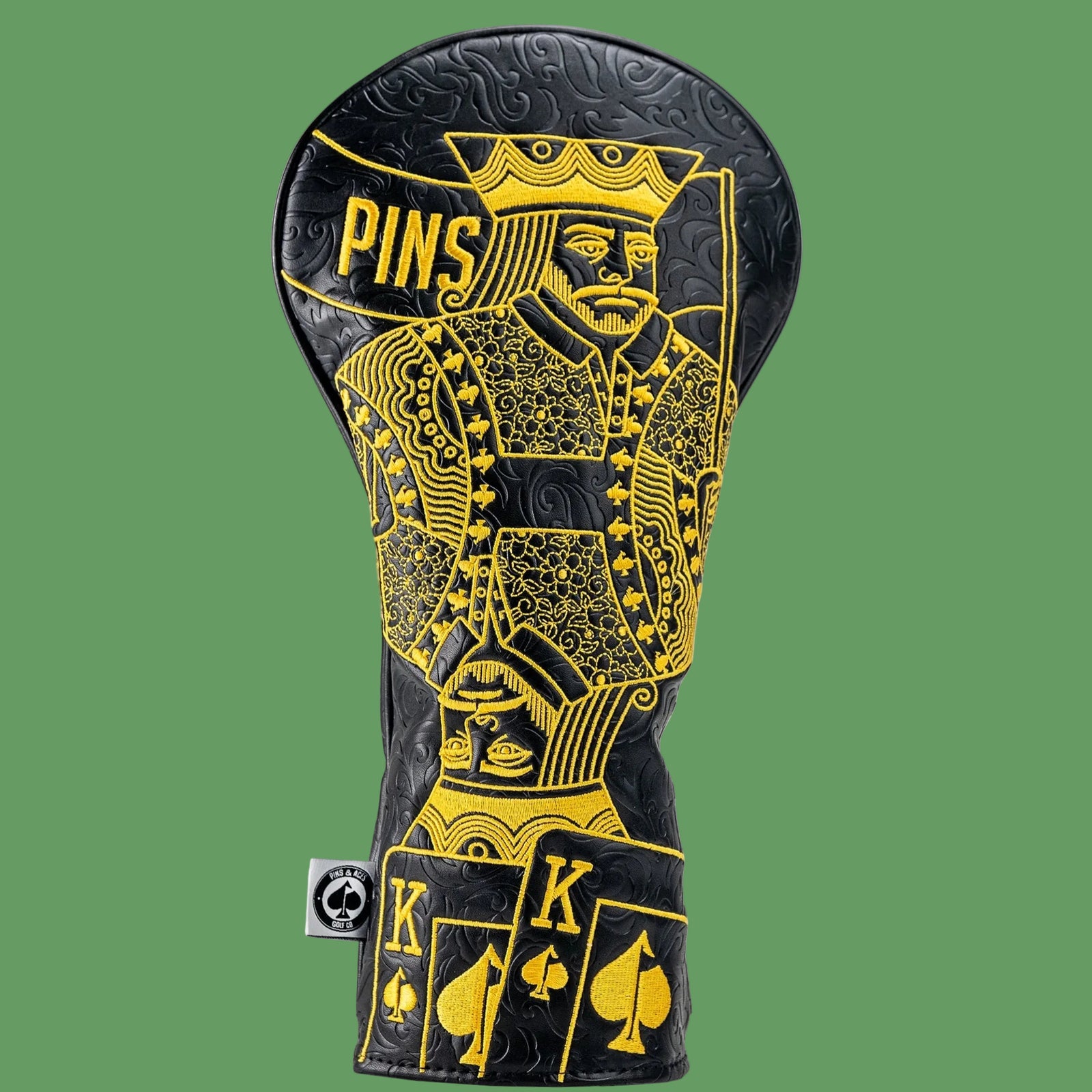 King of Spades golf driver headcover with gold embroidery and playing card design