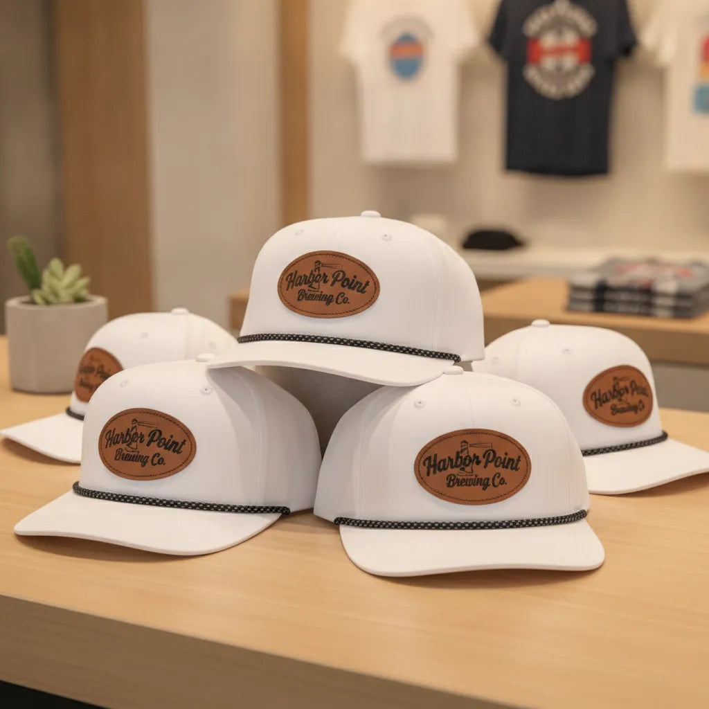 White golf caps with brown leather patches showing Harbor Point Brewing Co. logo and black rope trim, displayed on wooden table