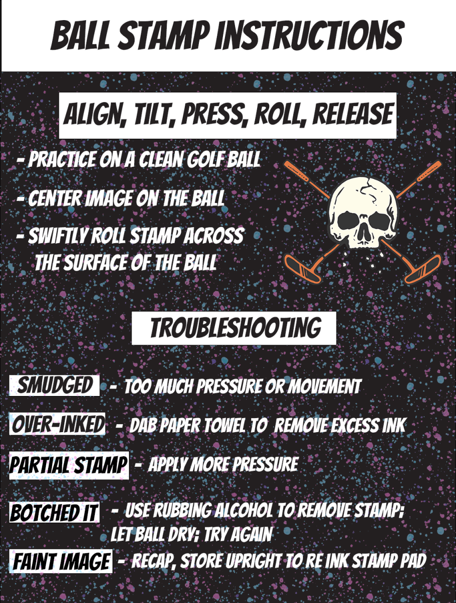 Instructional card showing ball stamp usage steps: align, tilt, press, roll, and release, with troubleshooting guide for smudged, over-inked, partial, botched, or faint impressions