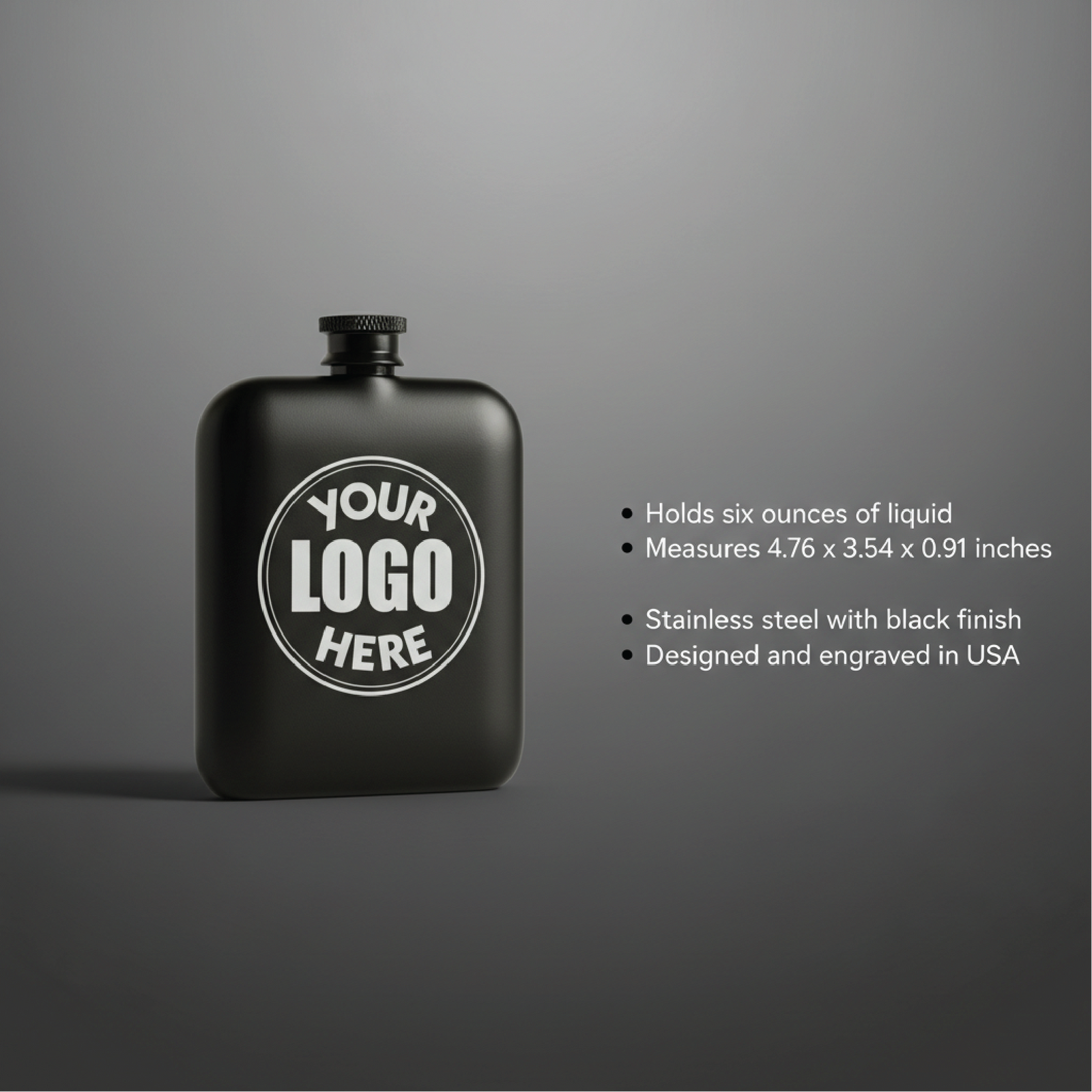 Black stainless steel flask with circular logo placeholder and screw-top cap, shown with specifications listing six-ounce capacity and dimensions