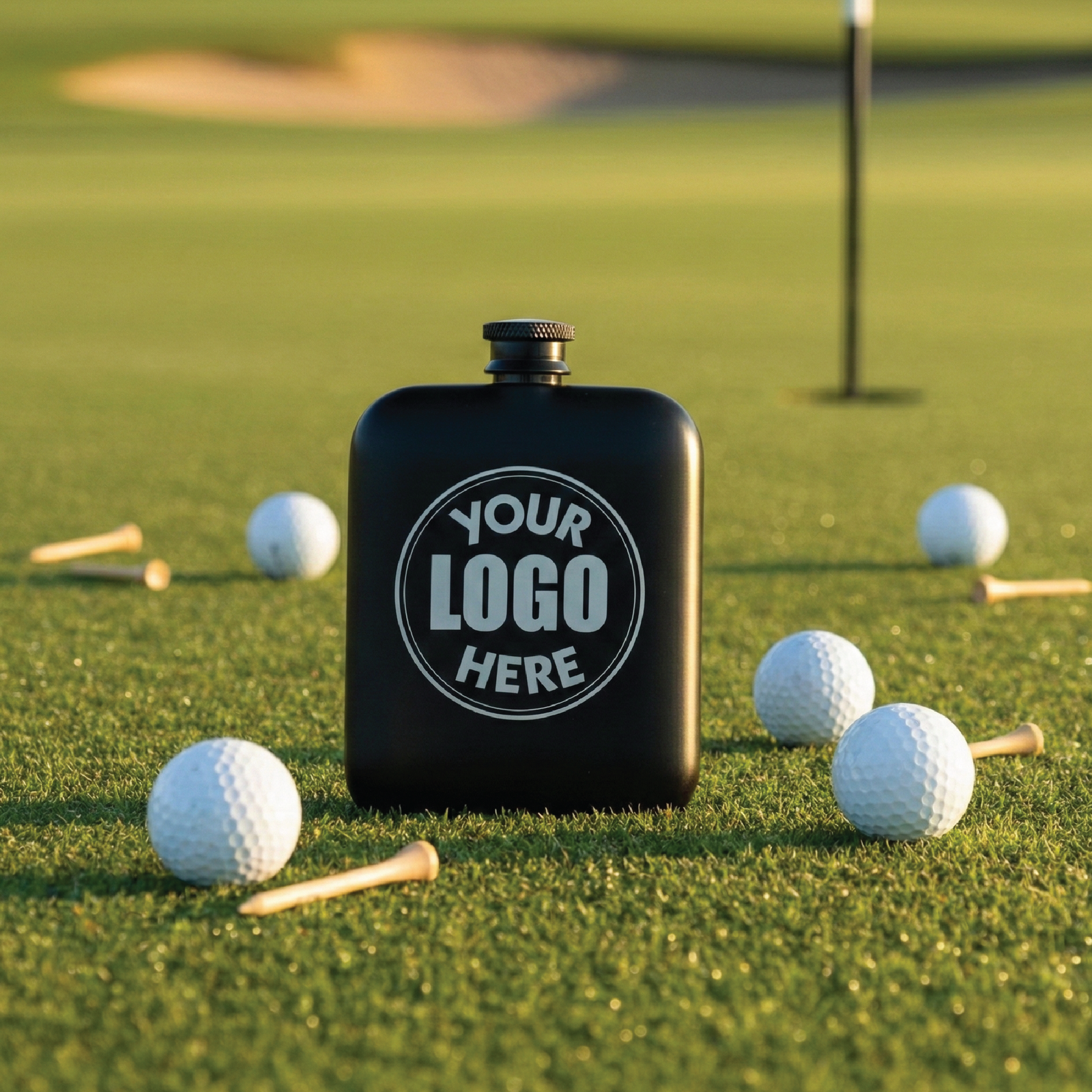 Black stainless steel flask on golf course green surrounded by golf balls and tees, displaying sample circular logo engraving on front