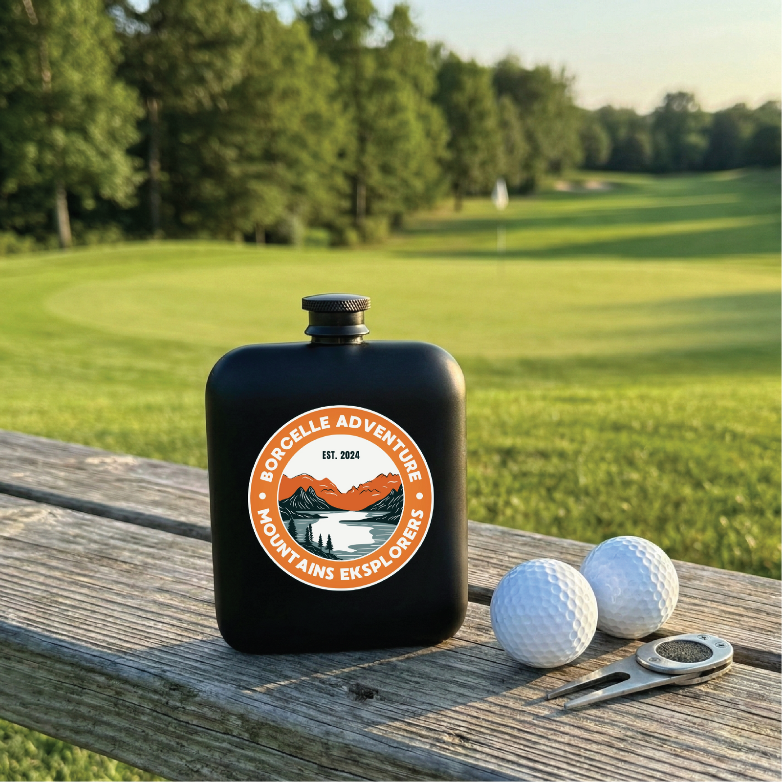 Black stainless steel flask with orange and white circular logo reading "Porcelle Adventure Mountains Eksploress EST. 2024" displayed on wooden rail with two white golf balls and divot tool, golf course fairway in background