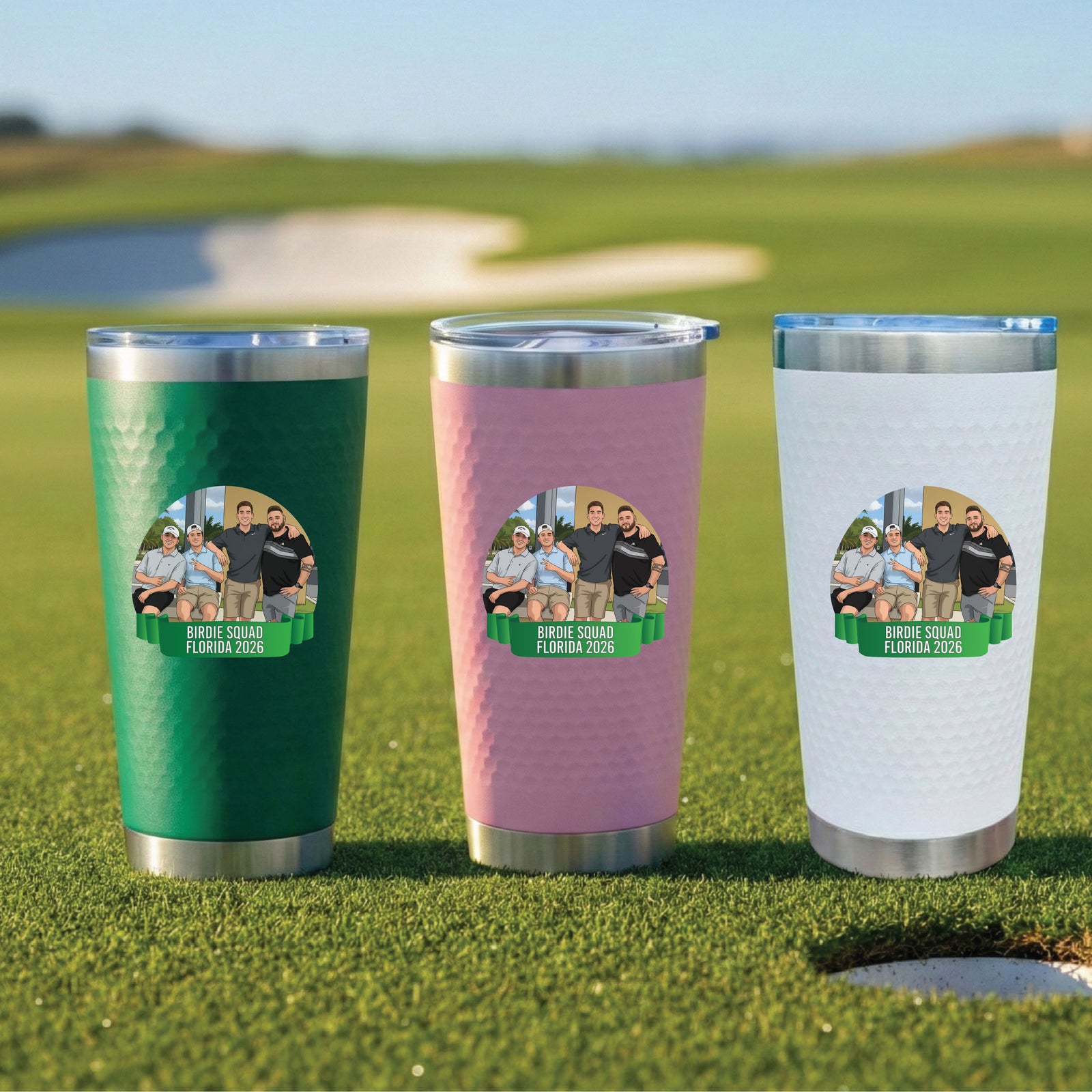 Three insulated tumblers in green, mauve, and white displayed on a golf course, each featuring a photo badge and "Birdie Squad Florida 2026" text on the front