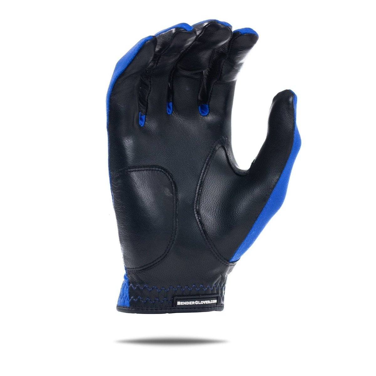 Blue and black golf glove with spandex back and leather palm, displayed flat against white background