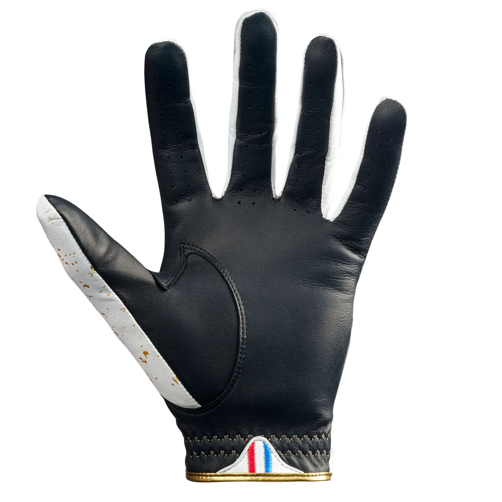 Black cabretta leather golf glove with white thumb and fingers, gold-leaf accents, and red-white-blue stripe detail at wrist cuff