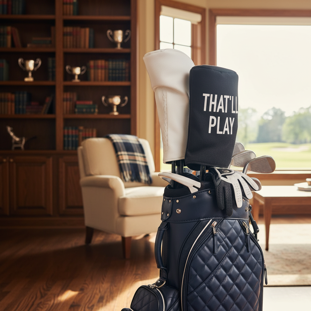 Black barrel-style driver headcover with white printed text reading "THAT'LL PLAY" displayed on golf bag with clubs in study setting