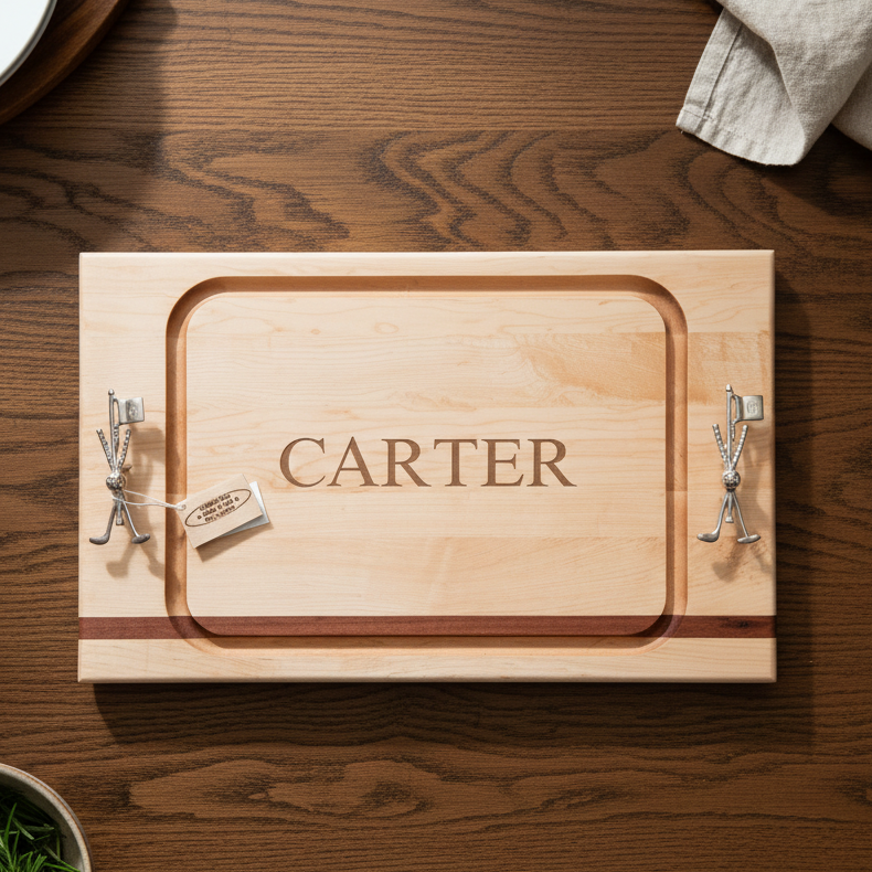 Maple golf cutting board engraved CARTER in the center, a mahogany stripe along the bottom and golf club handles on each end, on a dark wood dining table