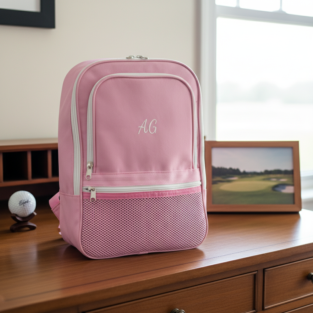 Pink golf shoe bag with gray zipper details and mesh pocket, embroidered with sample initials "AG" on front panel, displayed on wooden desk with golf ball nearby