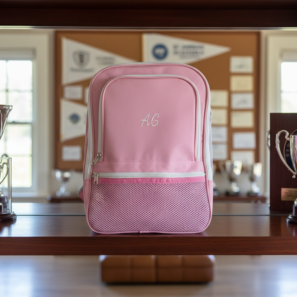 Pink golf shoe bag with embroidered sample initials "AG" on the front panel, displayed on a wooden table in a clubhouse setting