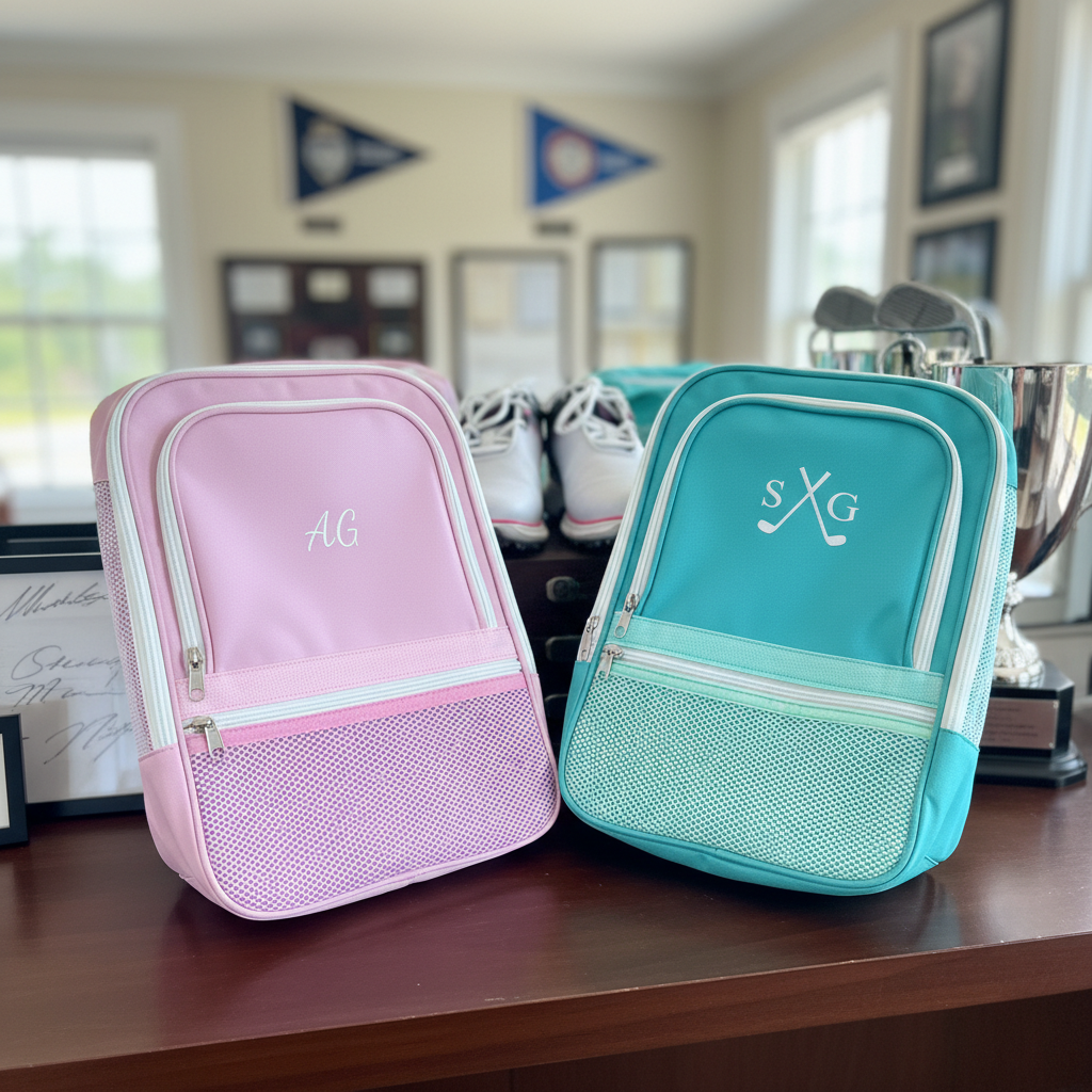 Pink and turquoise golf shoe bags with sample monograms "AG" and "SXG" embroidered on the front, displayed side by side on a desk