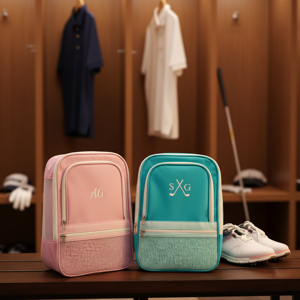 Pink and teal golf shoe bags with embroidered sample initials "AG" and "SXG" displayed on locker room bench with white golf shoes and hanging polos.