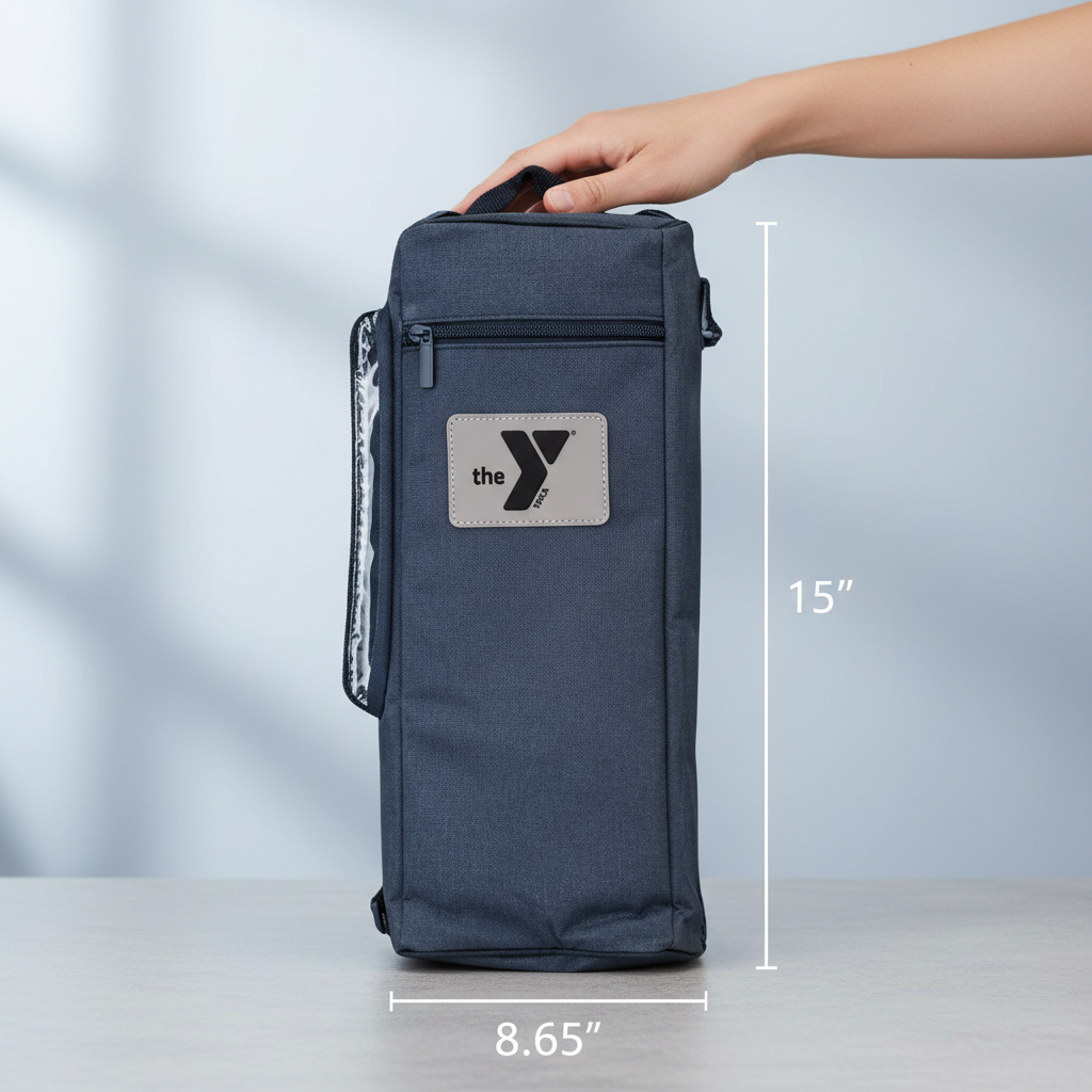Navy insulated cooler bag held by hand showing dimensions of 8.65 inches wide by 15 inches tall, with beige patch logo on front and side pocket detail