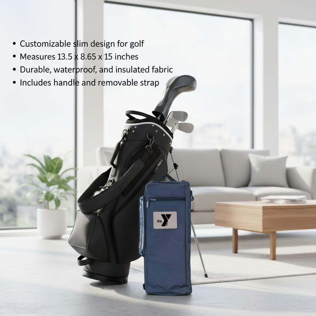 Navy blue insulated cooler bag displayed next to black golf bag, showing handle and removable shoulder strap in modern living room setting