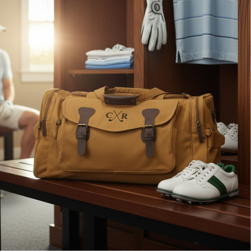 Tan canvas duffle bag with brown leather straps and handles, embroidered with sample initials "CXR" and crossed golf clubs design, displayed on wooden shelf with golf shoes nearby