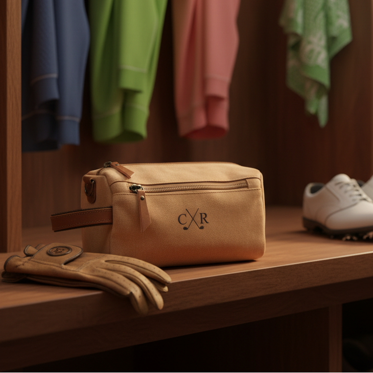 Tan canvas toiletry bag with embroidered sample initials "CXR" and crossed golf clubs design, displayed on wooden shelf with golf glove and shoe