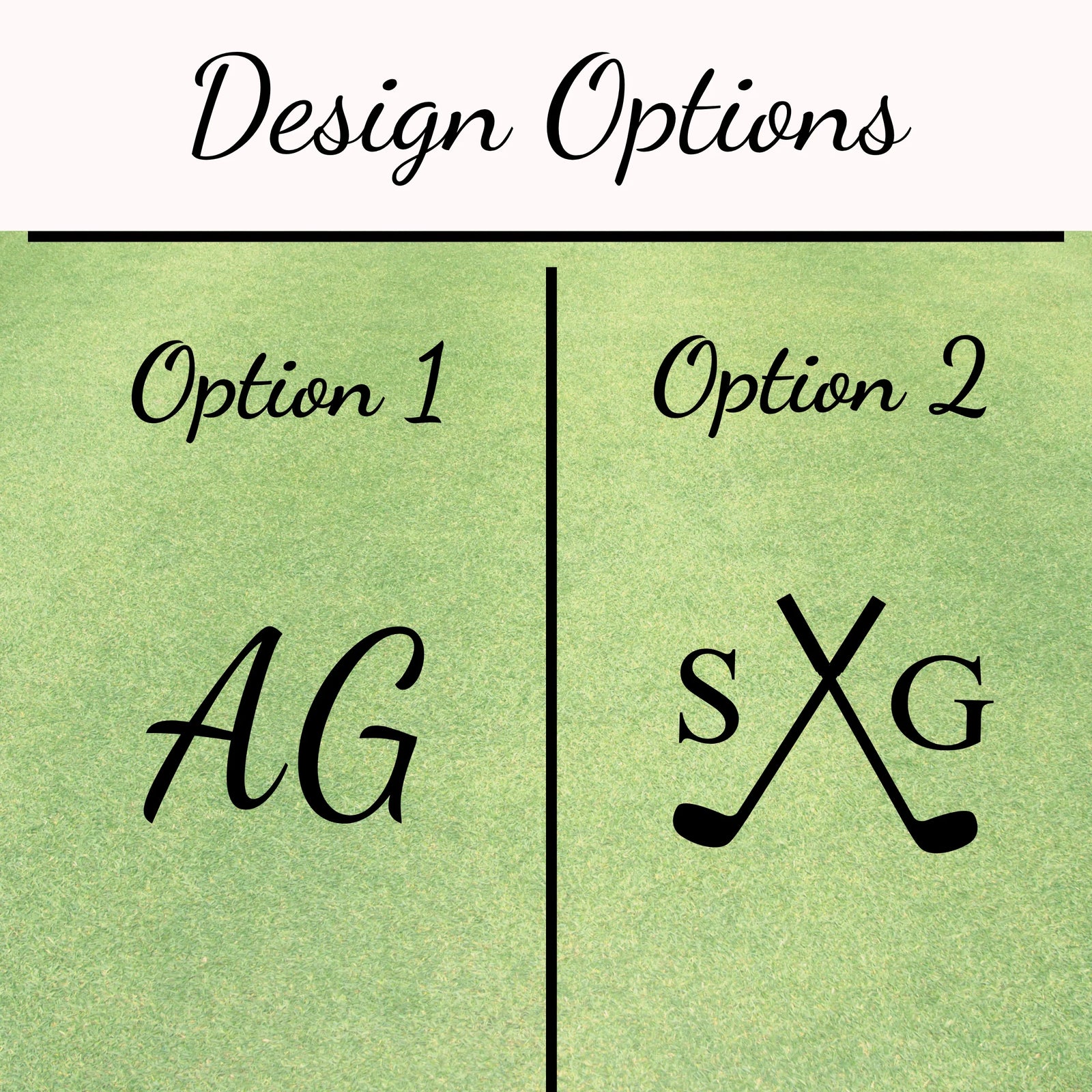 Preview showing two design options for embroidered initials on golf shoe bag: Option 1 with initials "AG" in script, Option 2 with initials "SXG" flanking crossed golf clubs