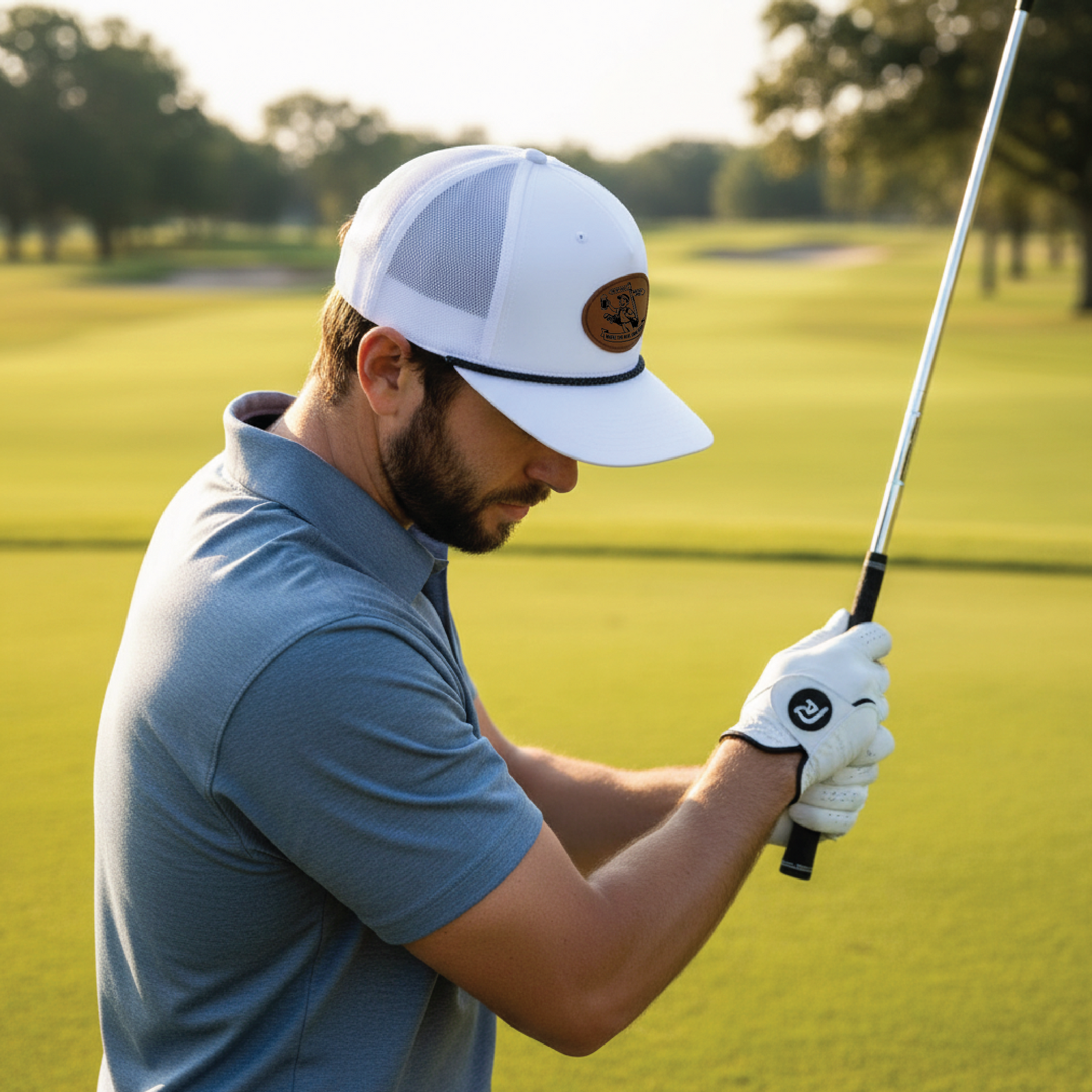 Golfer wearing white trucker hat with brown leather patch, holding golf club on fairway during daytime round