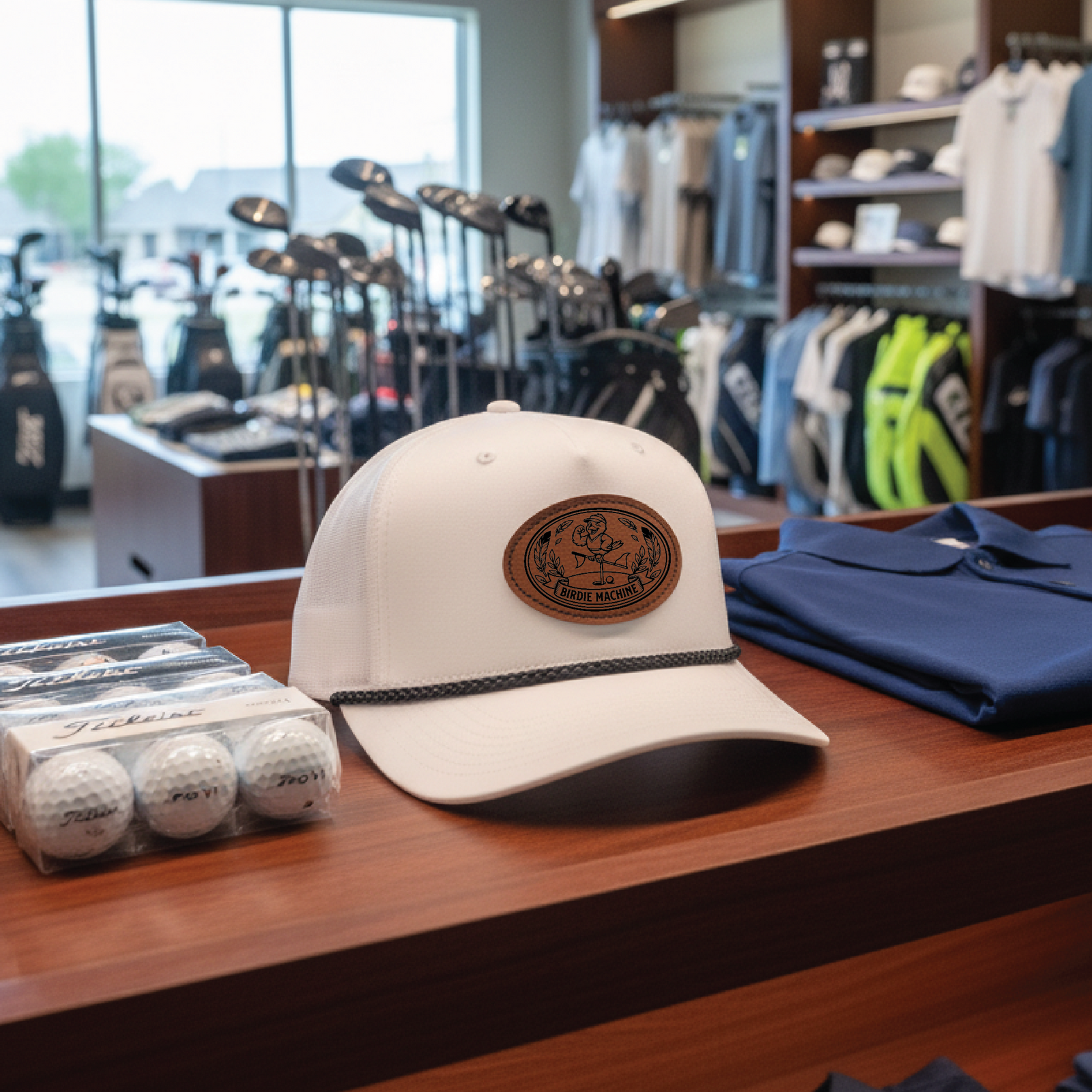 White mesh golf hat with black rope trim and engraved leather patch featuring sample "Birdie Machine" design, displayed on retail counter with golf balls and apparel in background