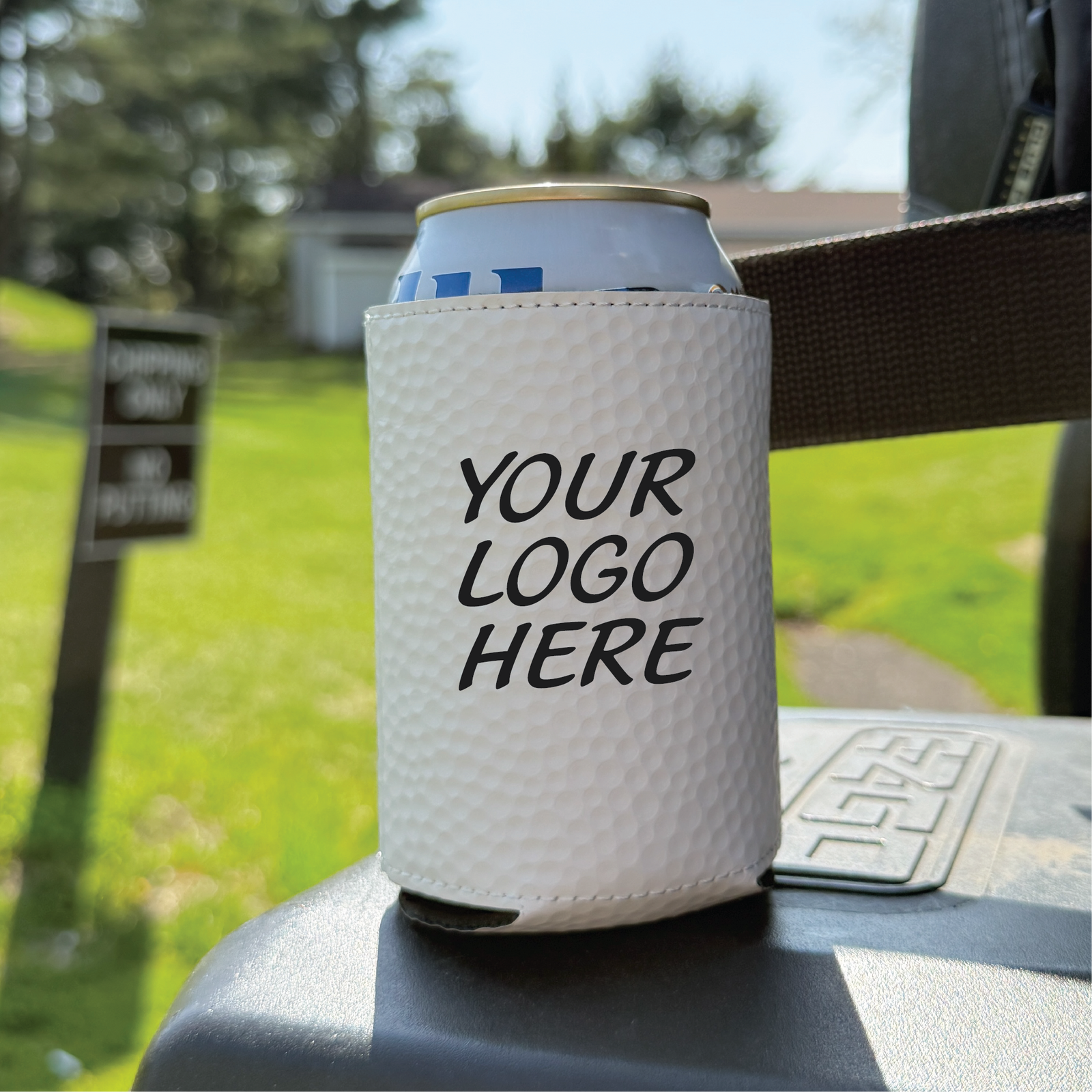 White golf ball textured magnetic koozie designed to put tournament/outing logo on Koozie