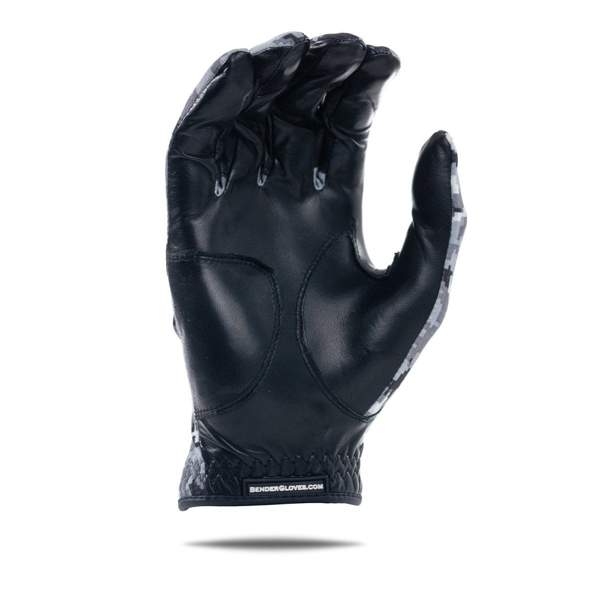 Black and gray digital camo golf glove displayed flat with palm facing forward, showing spandex back and leather palm construction